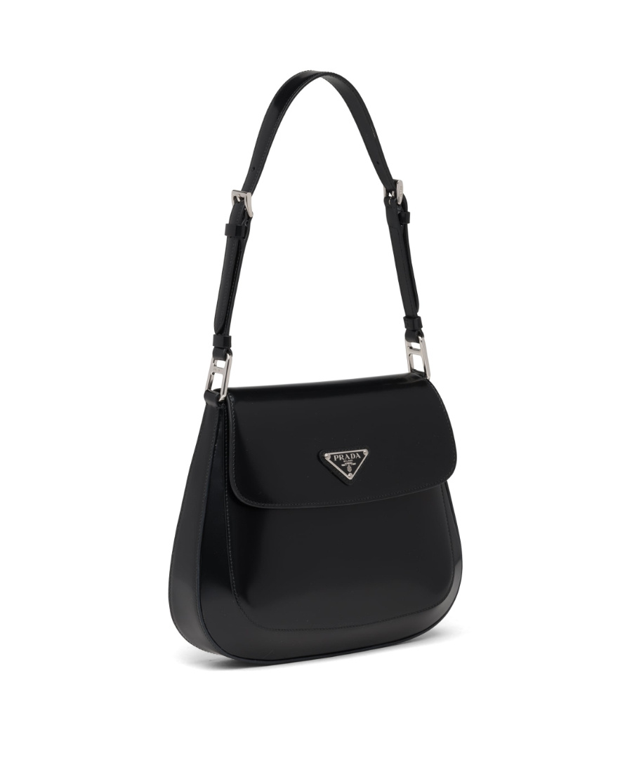 Prada Cleo Brushed Leather Shoulder Bag With Flap In Black