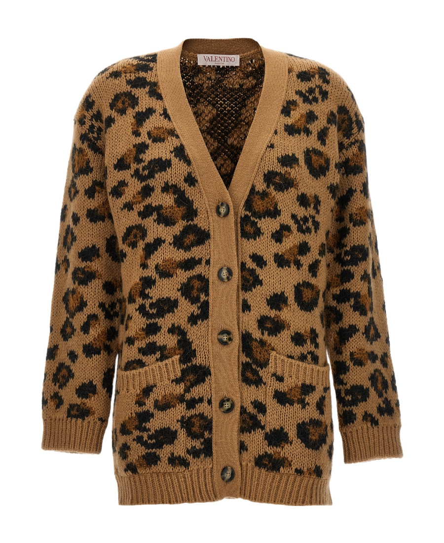 Valentino Leopard-intarsia V-neck Cardigan In Brown