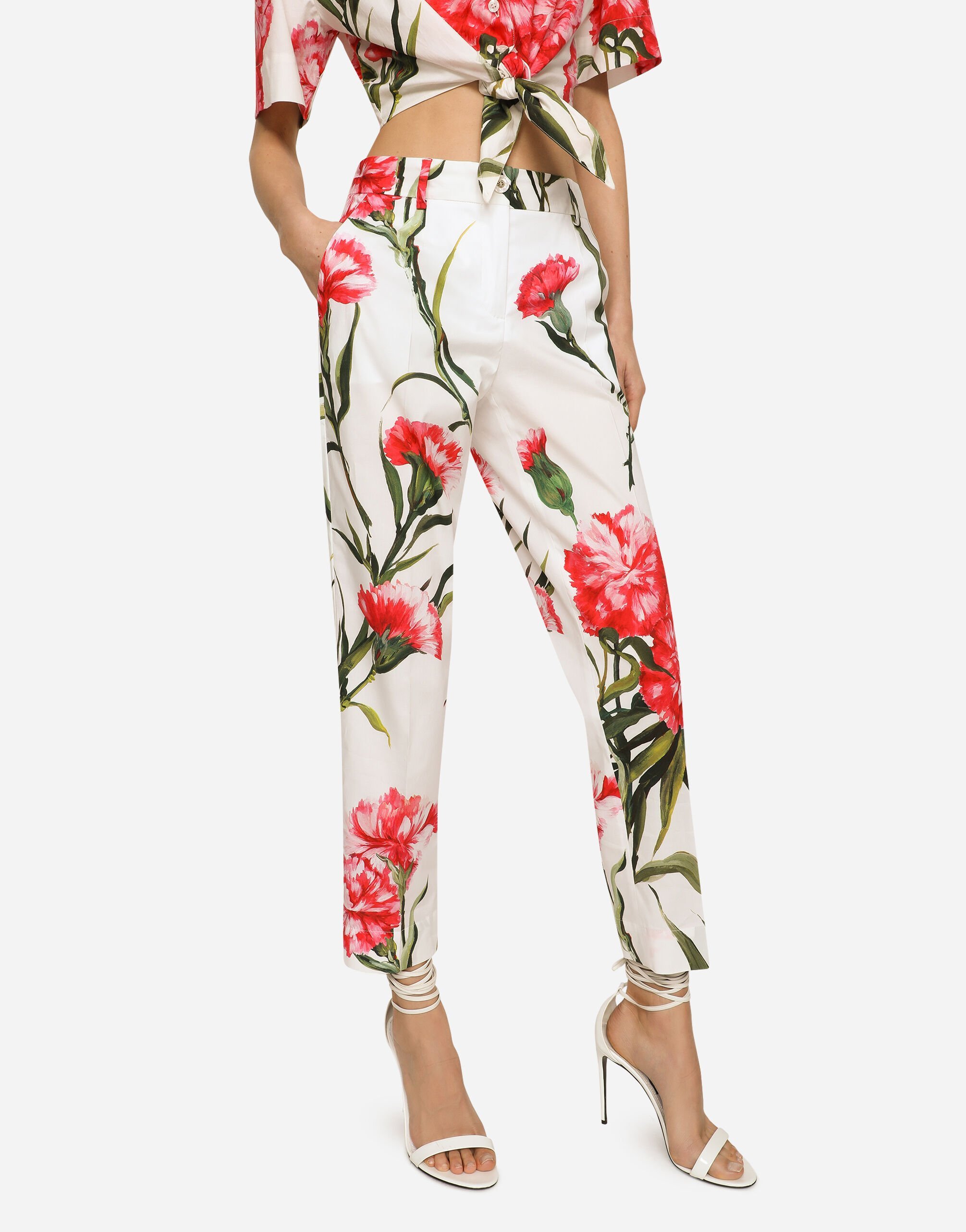 Dolce & Gabbana Carnation Print Stretch Cotton Crop Pants In White