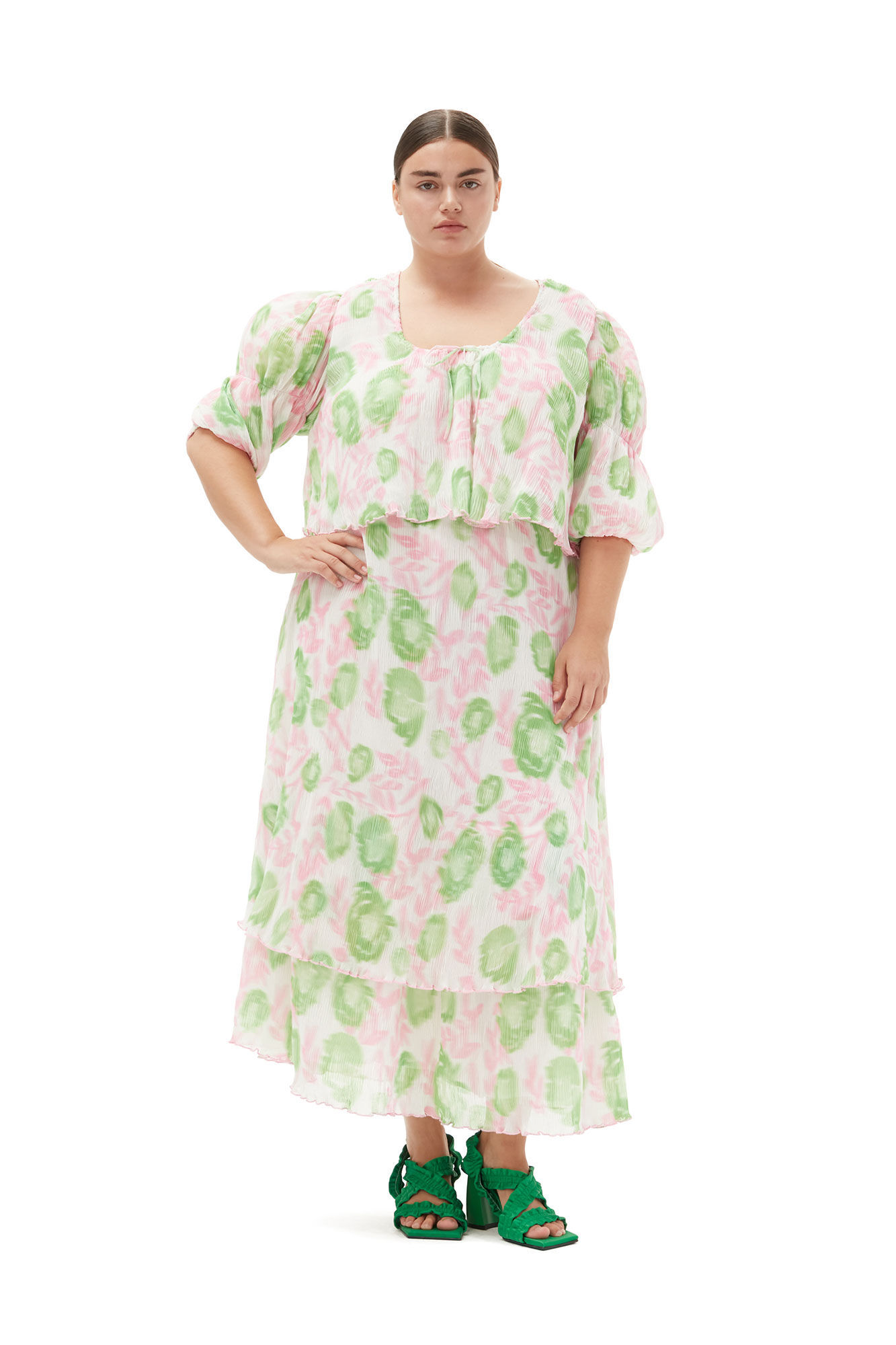 Ganni Short Sleeve Pleated Georgette U-neck Blouse In Pink