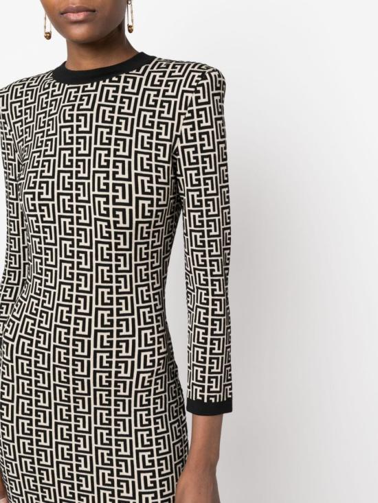 Balmain Monogram Wool-blend Knit Minidress In Black