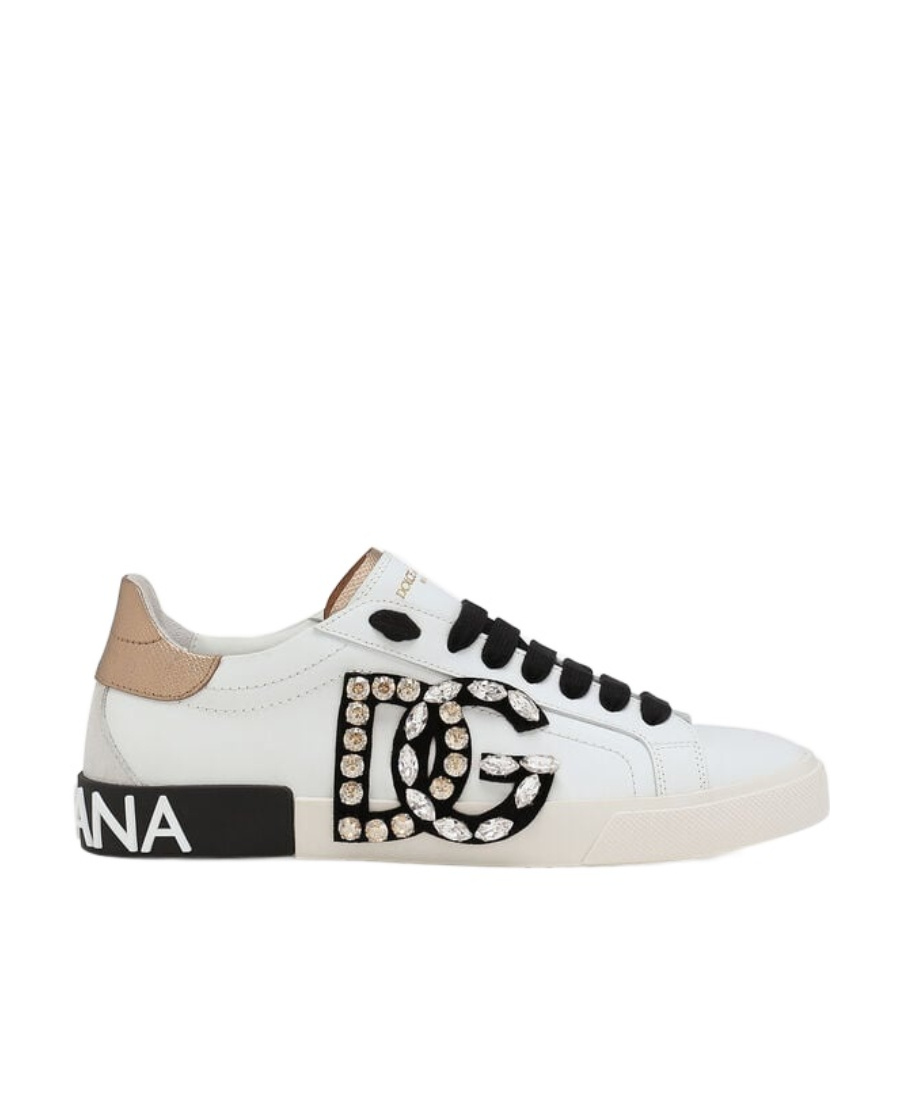 Dolce & Gabbana Portofino Vintage Leather Sneakers With Rhinestone Dg In White