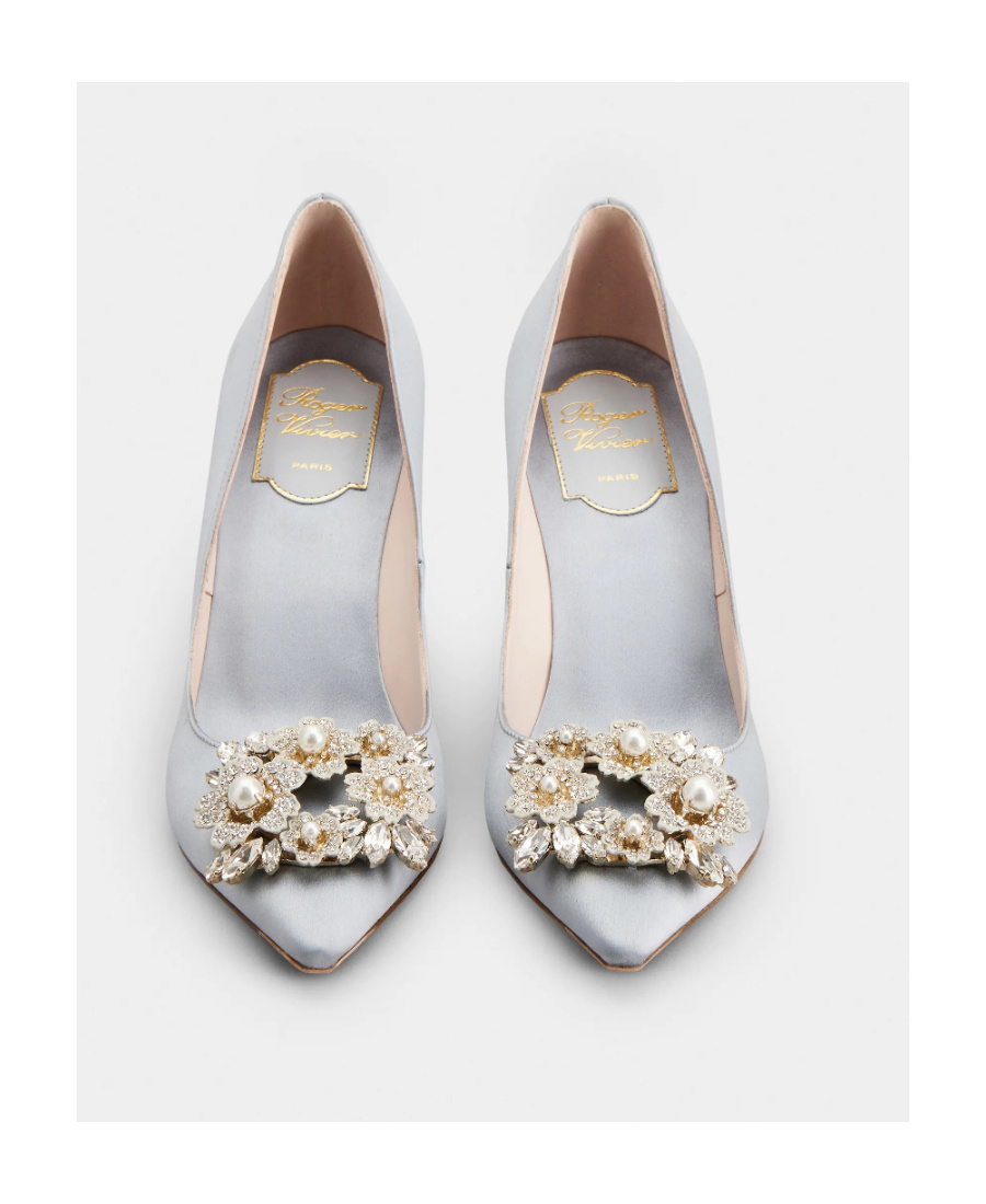 Shop Roger Vivier Rv Bouquet Strass Pearl Buckle Pumps In Satin In Gray