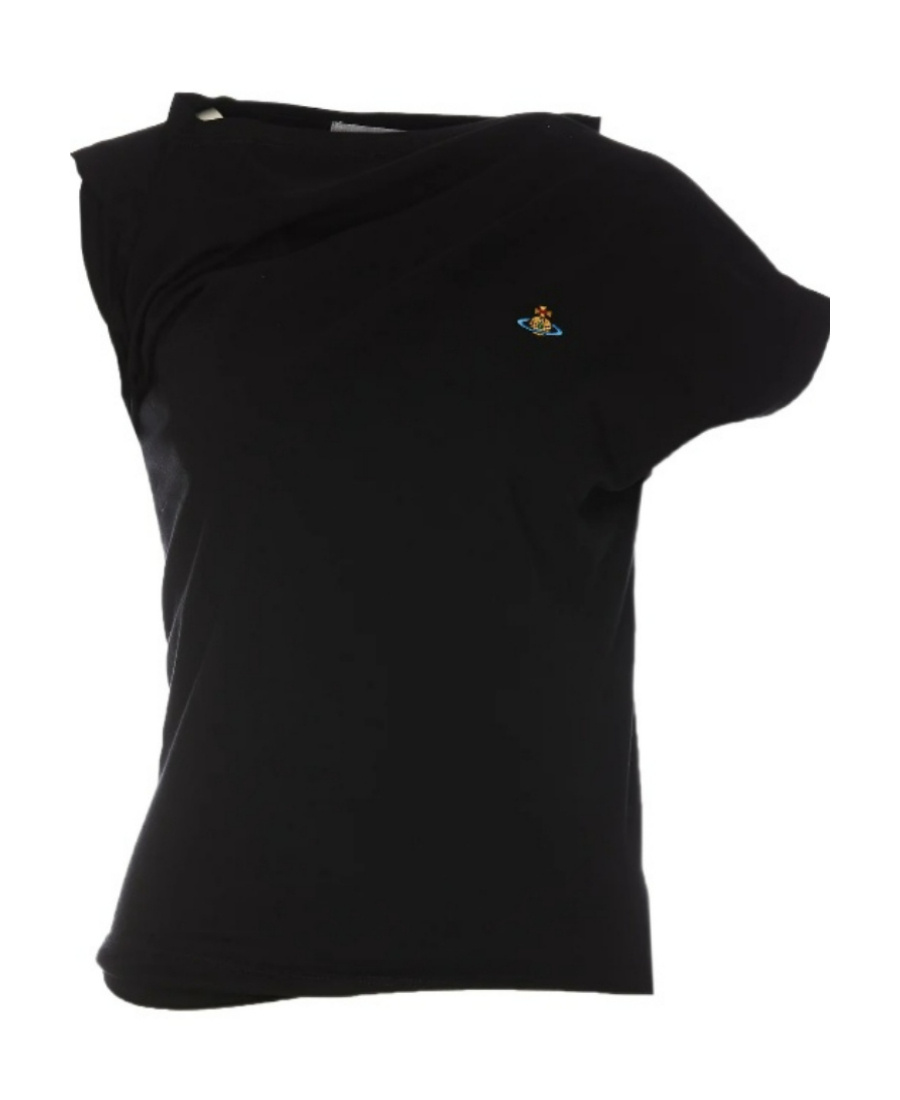 Vivienne Westwood 'hebo' Black T-shirt With Asymmetric Ruched Short Sleeves And Orb Logo On The Front In Black