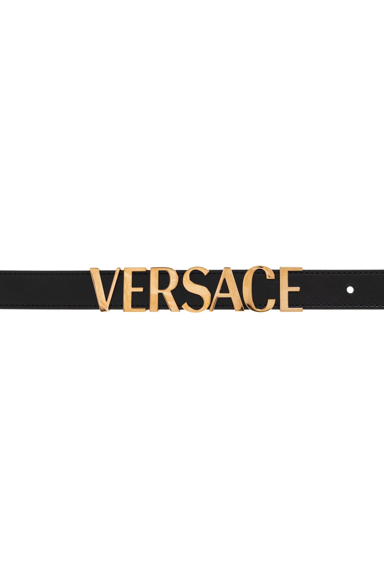 Versace Metal Logo Lettering Leather Belt In Black