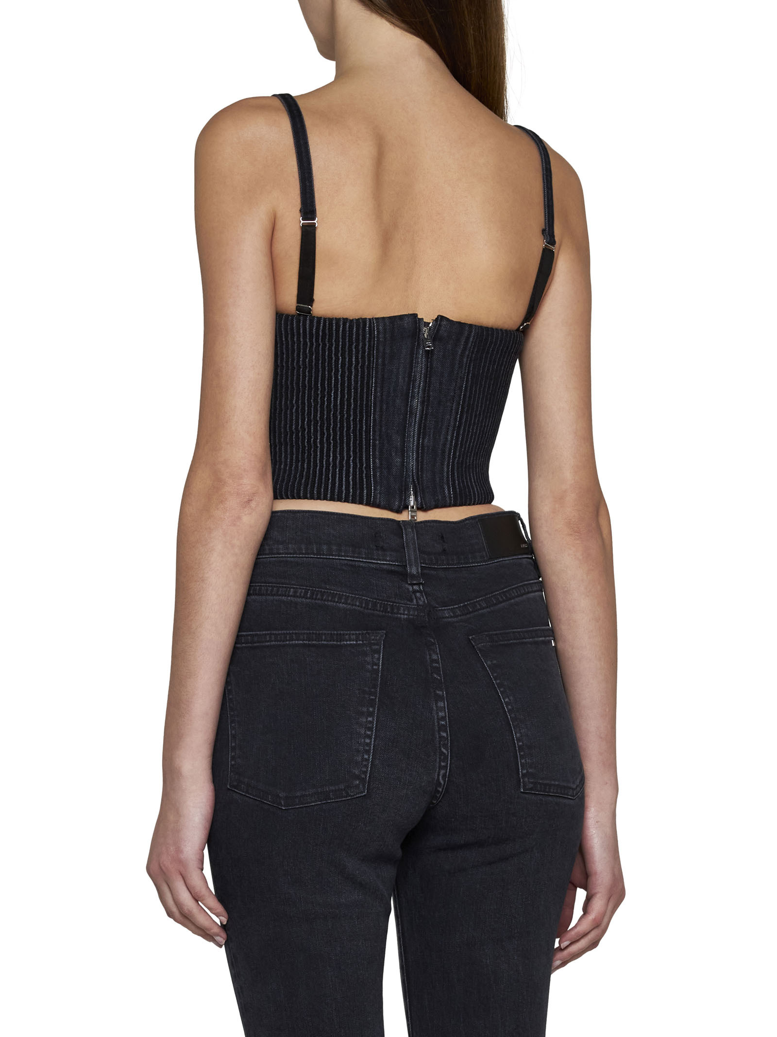Amiri Cropped Denim Bustier Top With Spaghetti Straps In Black