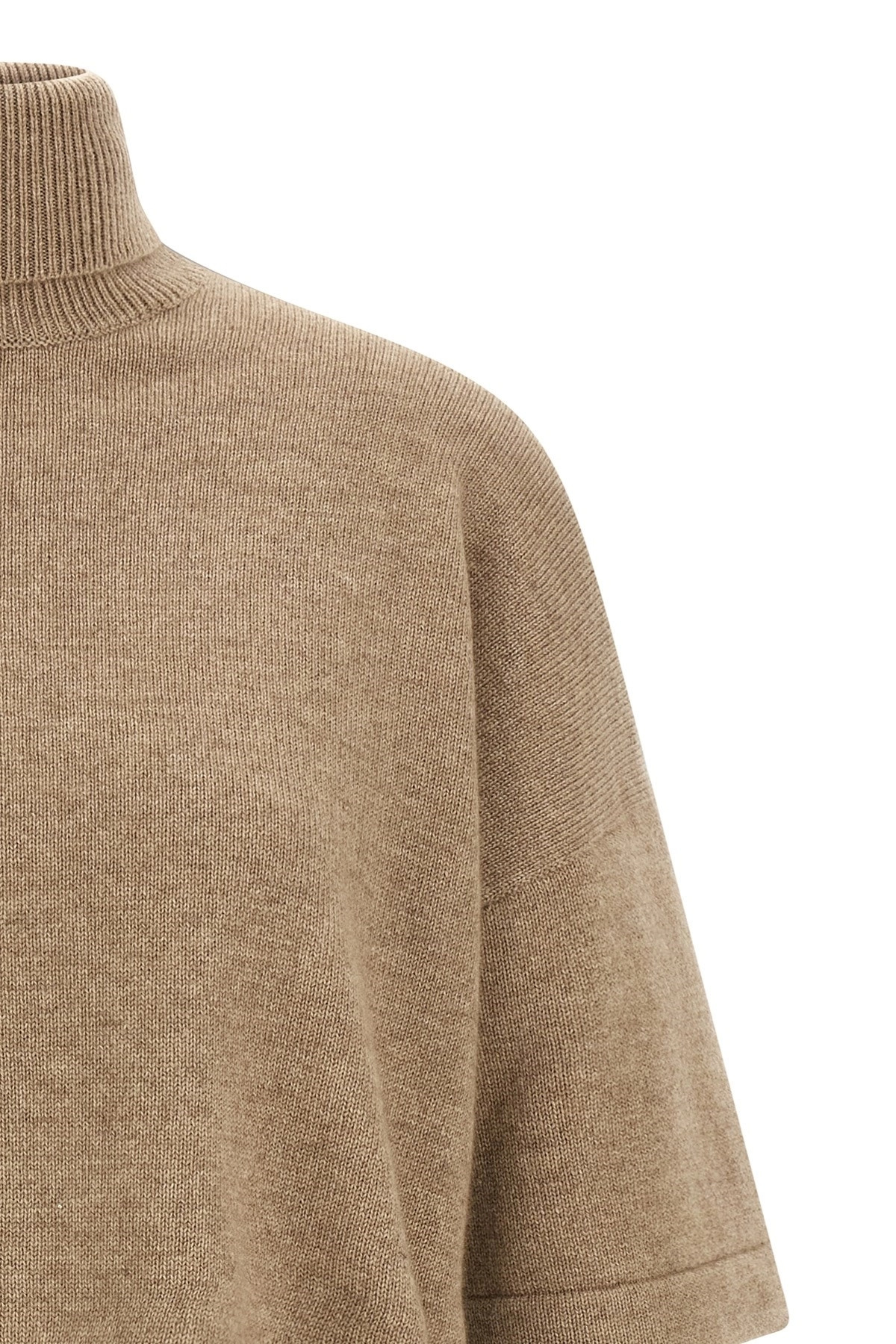 Brunello Cucinelli Cashmere Turtleneck Sweater With Sheer Sequined Sleeves In Brown