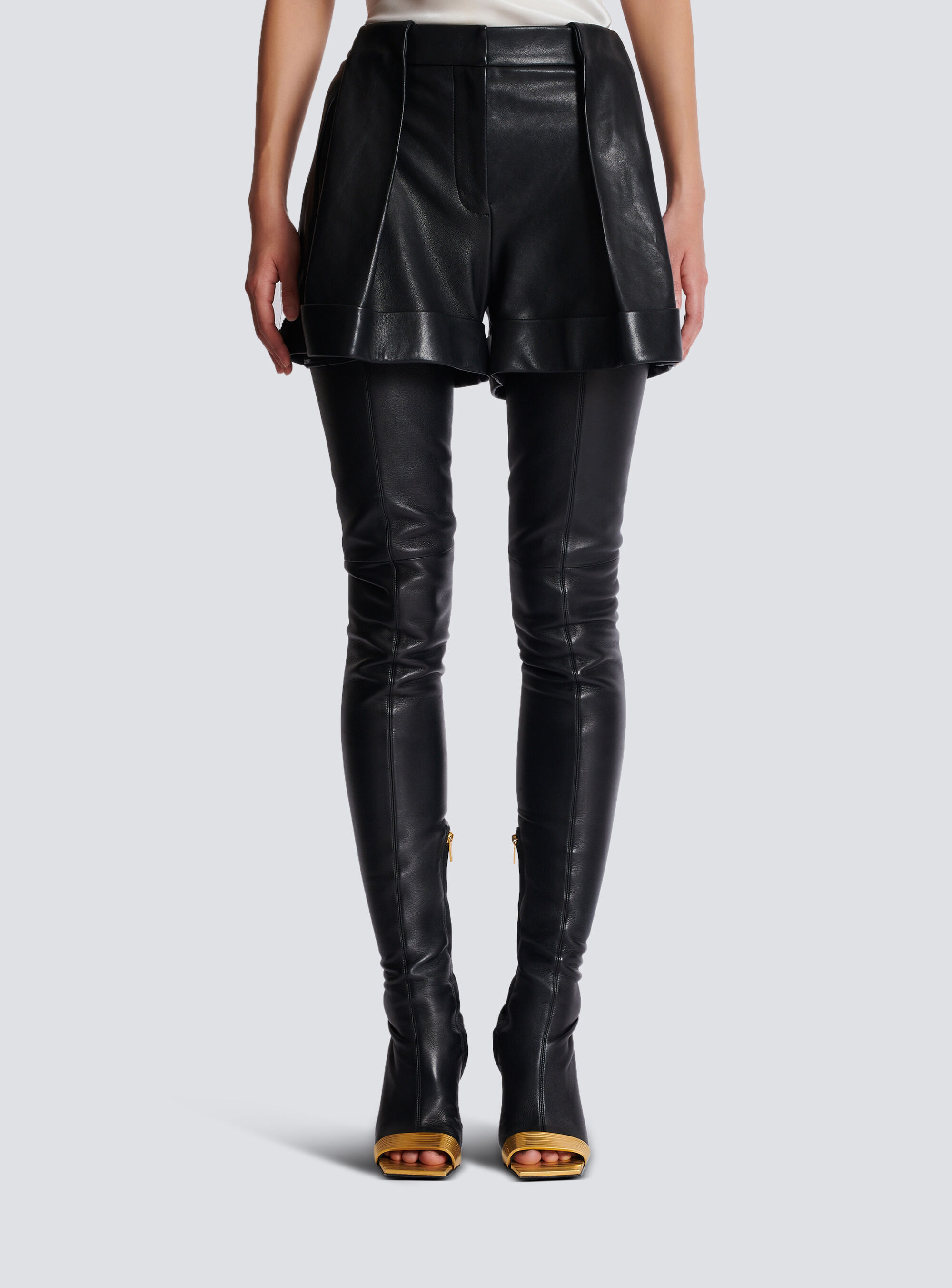 Balmain Lambskin Pleated Shorts In Black