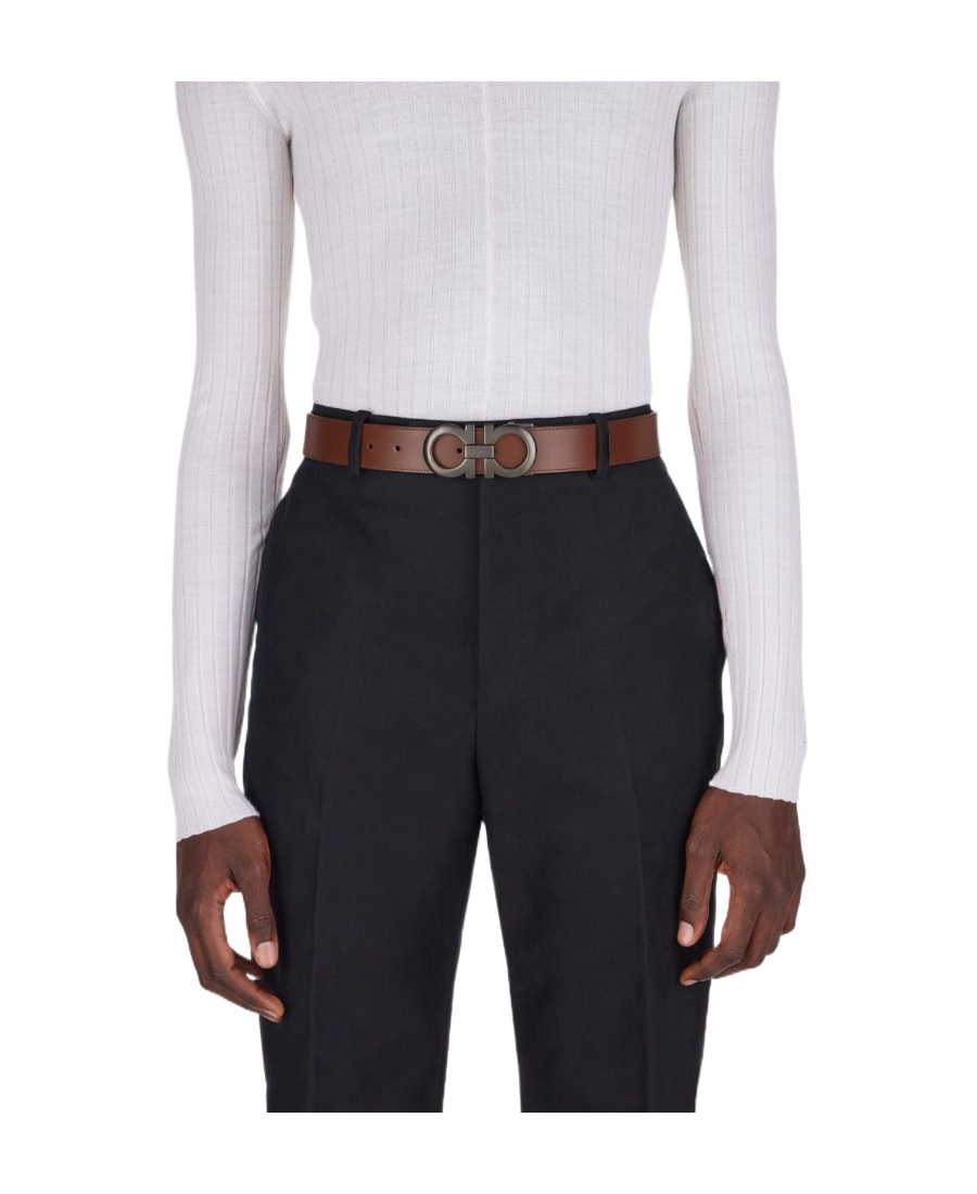 Ferragamo Double-sided Adjustable Gancini Belt In Brown