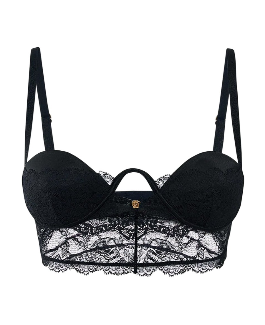 Versace Logo-print Lace Balconette Bra In Black