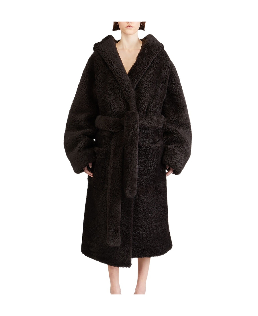 Bottega Veneta Hooded Belted Shearling Coat In Black