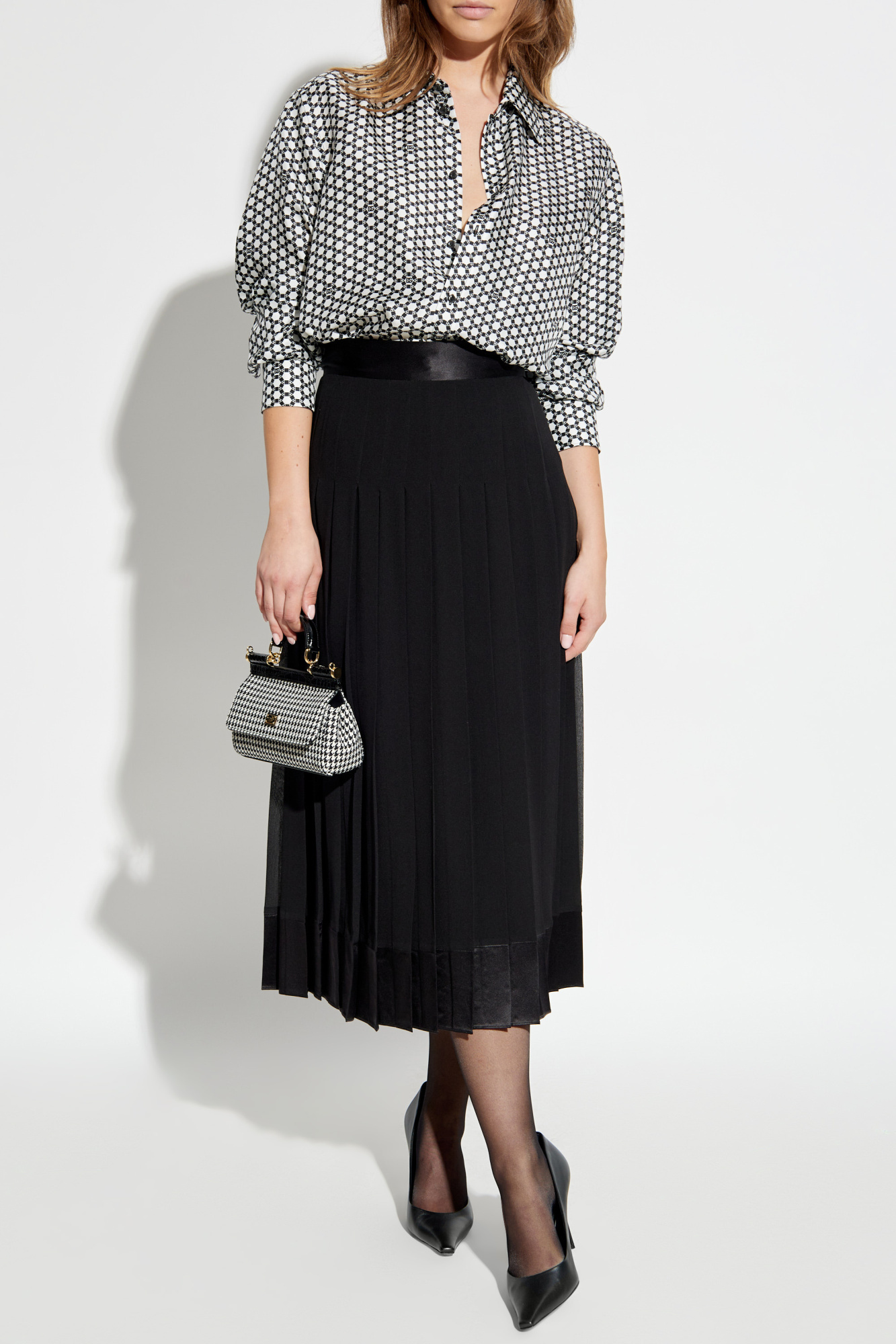 Dolce & Gabbana High Waist Pleated Georgette Midi Skirt In Black