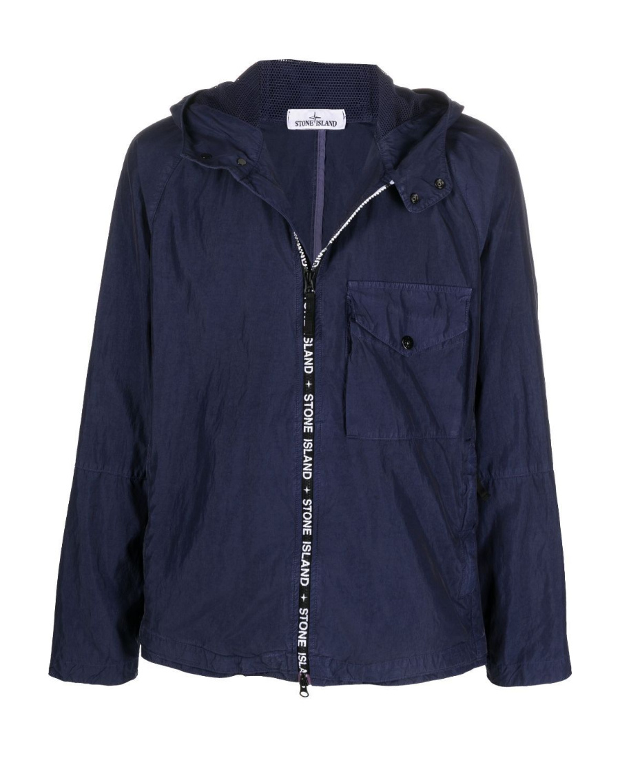 Stone Island Logo-trim Hooded Jacket In Blue