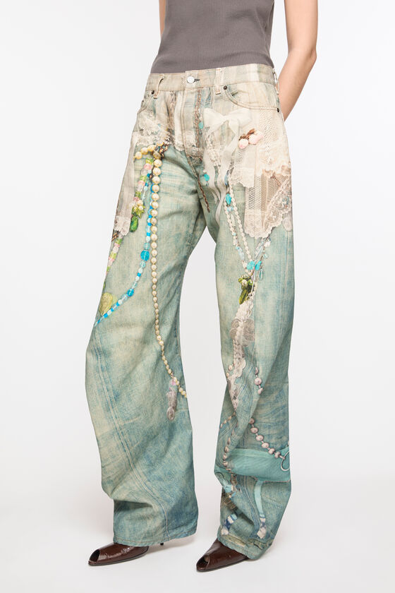 Acne Studios Womens White Green Graphic-print Wide-leg Denim Jeans In Blue