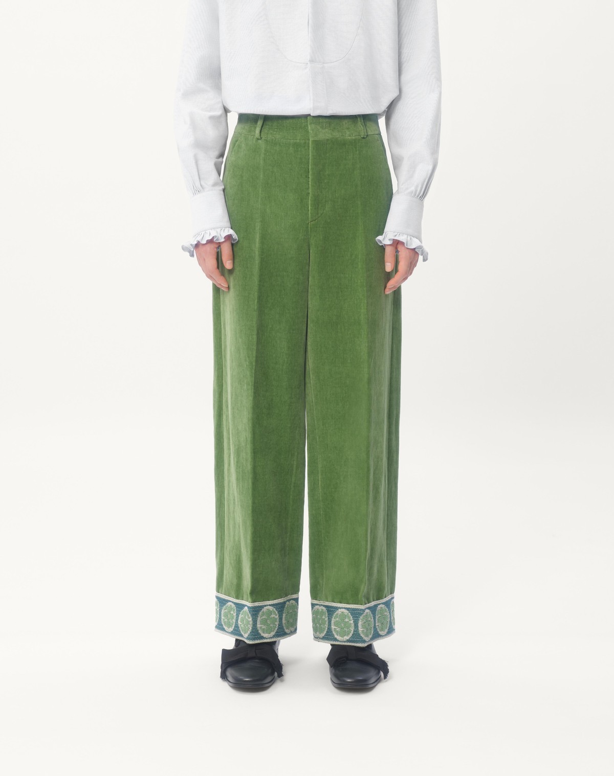 Valentino Garavani Velvet Trousers With Jacquard Hem In Green
