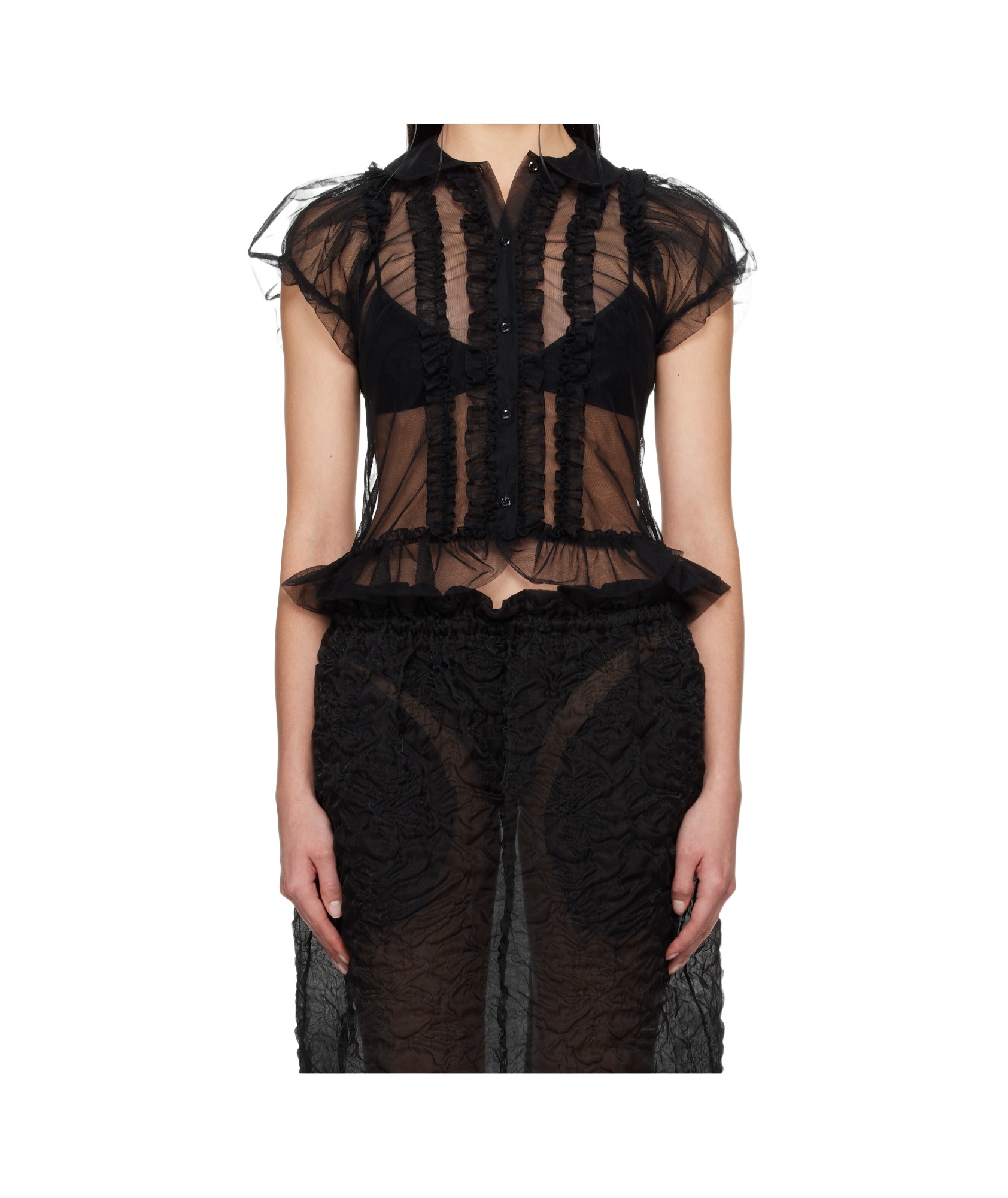 Simone Rocha Black Sheer Puff Sleeve Multi Ruffle Frill Shirt In Black