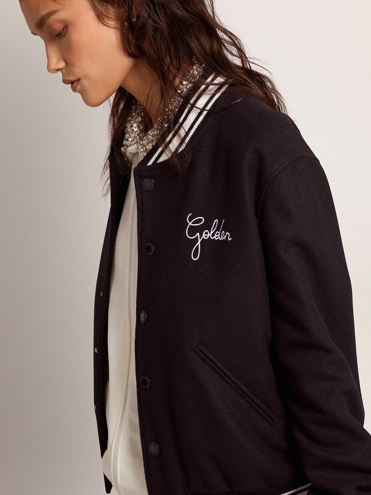 GOLDEN GOOSE GOLDEN GOOSE DELUXE BRAND LOGO EMBROIDERED STRIPED BASEBALL JACKET