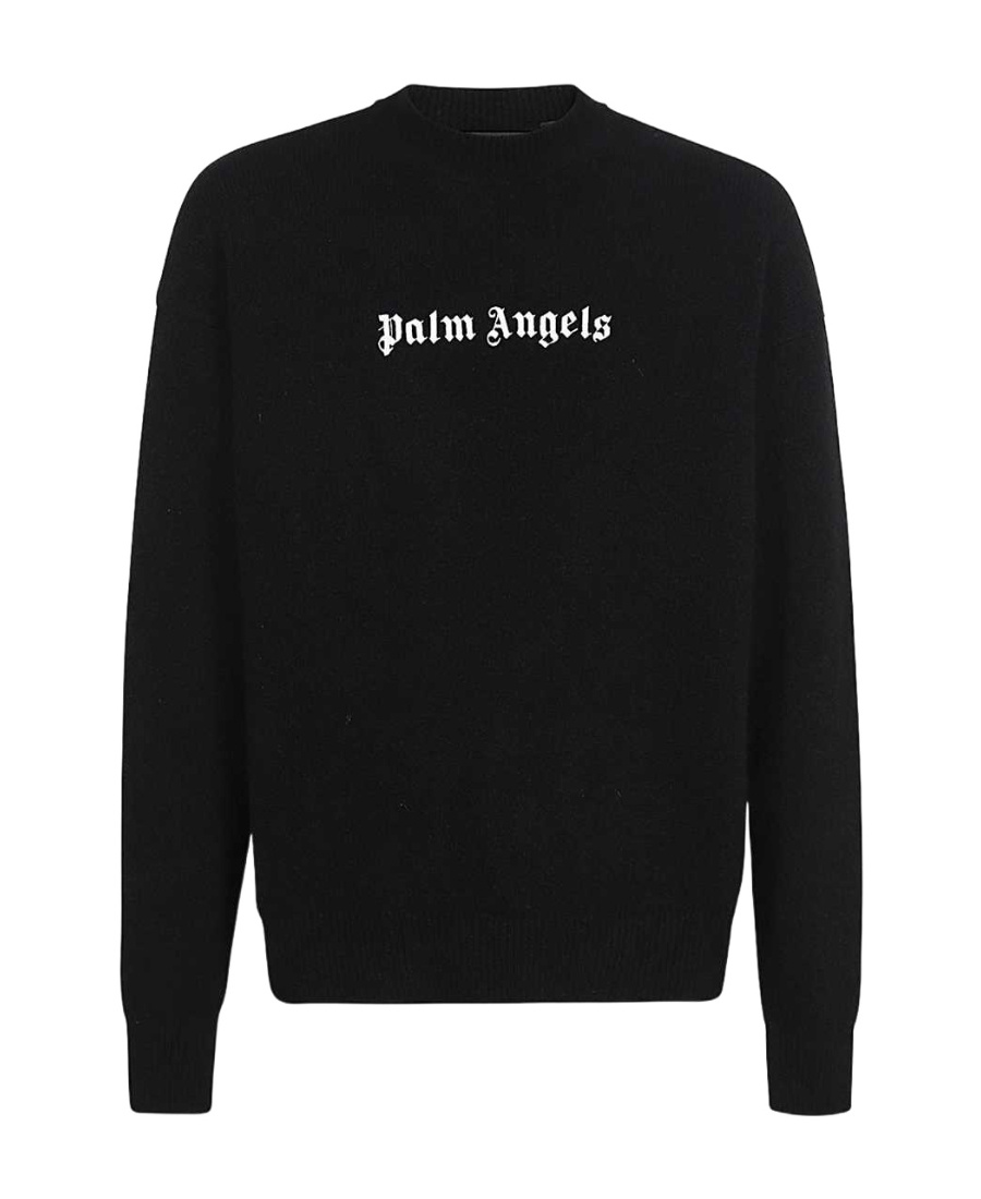 Palm Angels Black Cotton Crew Neck Sweatshirt With White Logo In Black