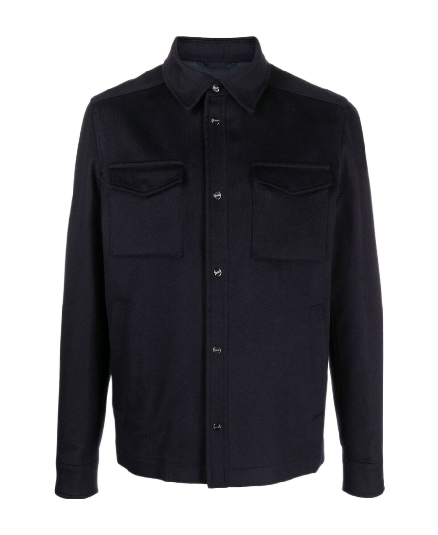 Herno Snap Front Chest Flap Pocket Brushed Wool Cashmere Blend Lined Shirt Jacket In Black