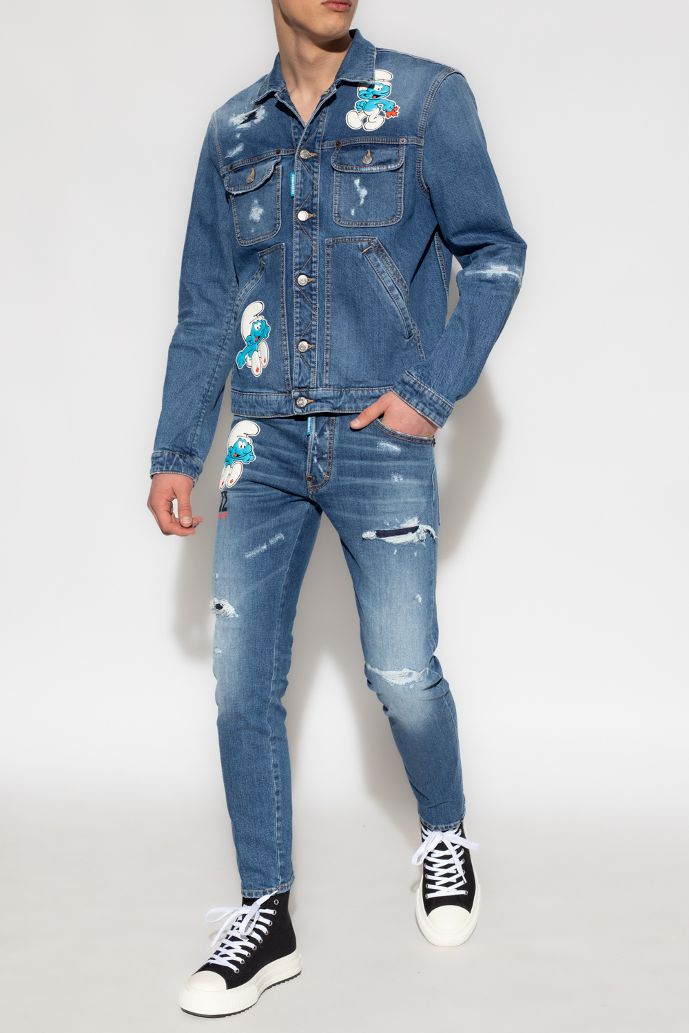 Dsquared2 The Smurfs Distressed-effect Denim Jacket In Blue
