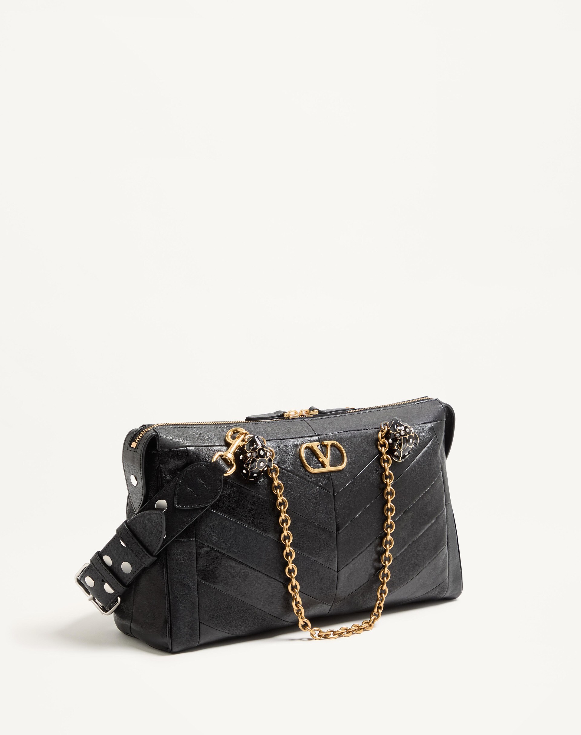 Valentino Garavani Panthea Shoulder Bag In Nappa Leather With Chevron Pattern In Black