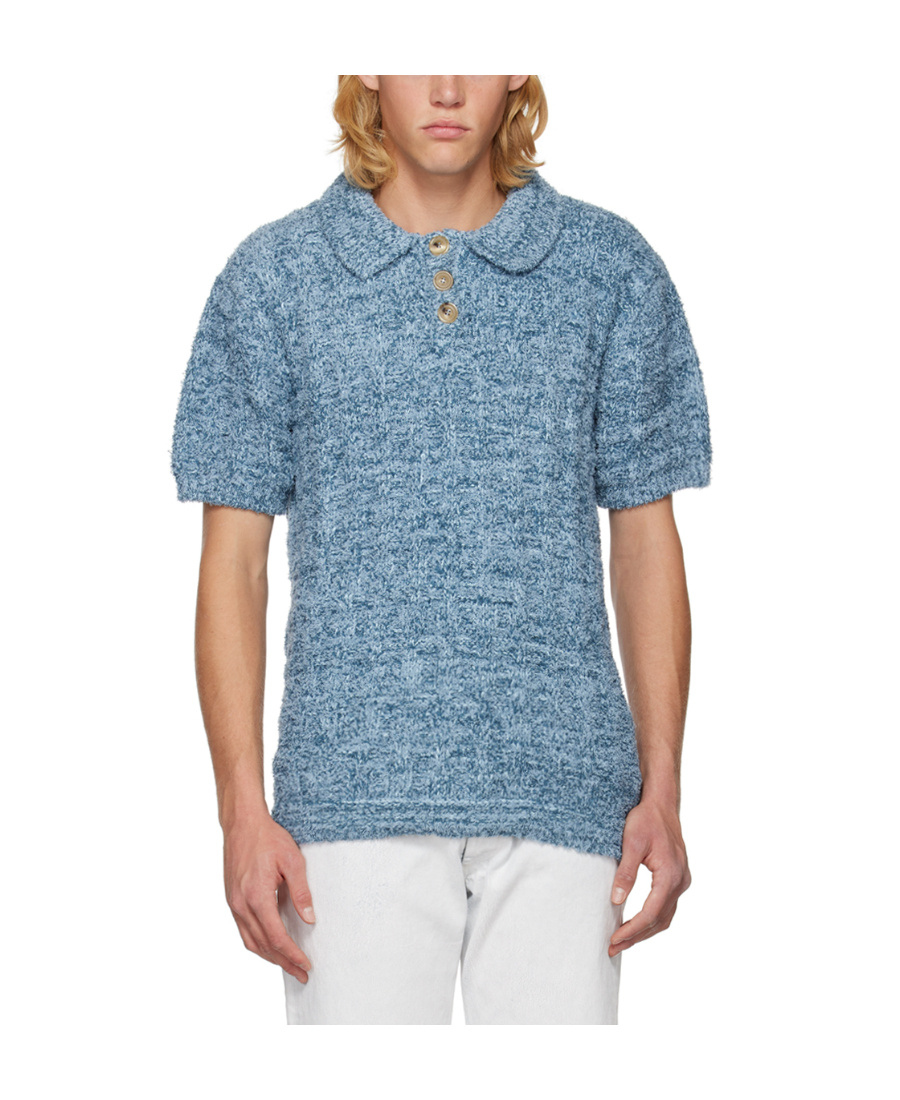 Maison Margiela Coarse Wool Knitted Polo Shirt In Blue