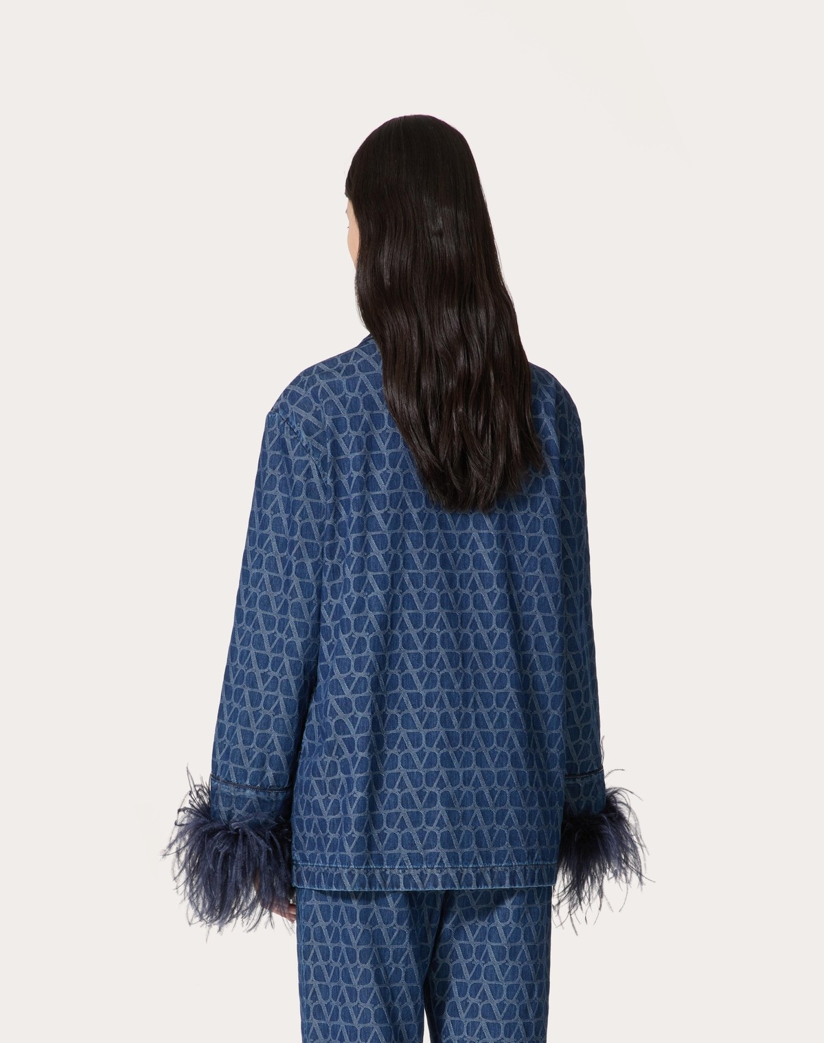 Valentino Chambray Denim Shirt With Feathers Woman Blue 40 In Blue