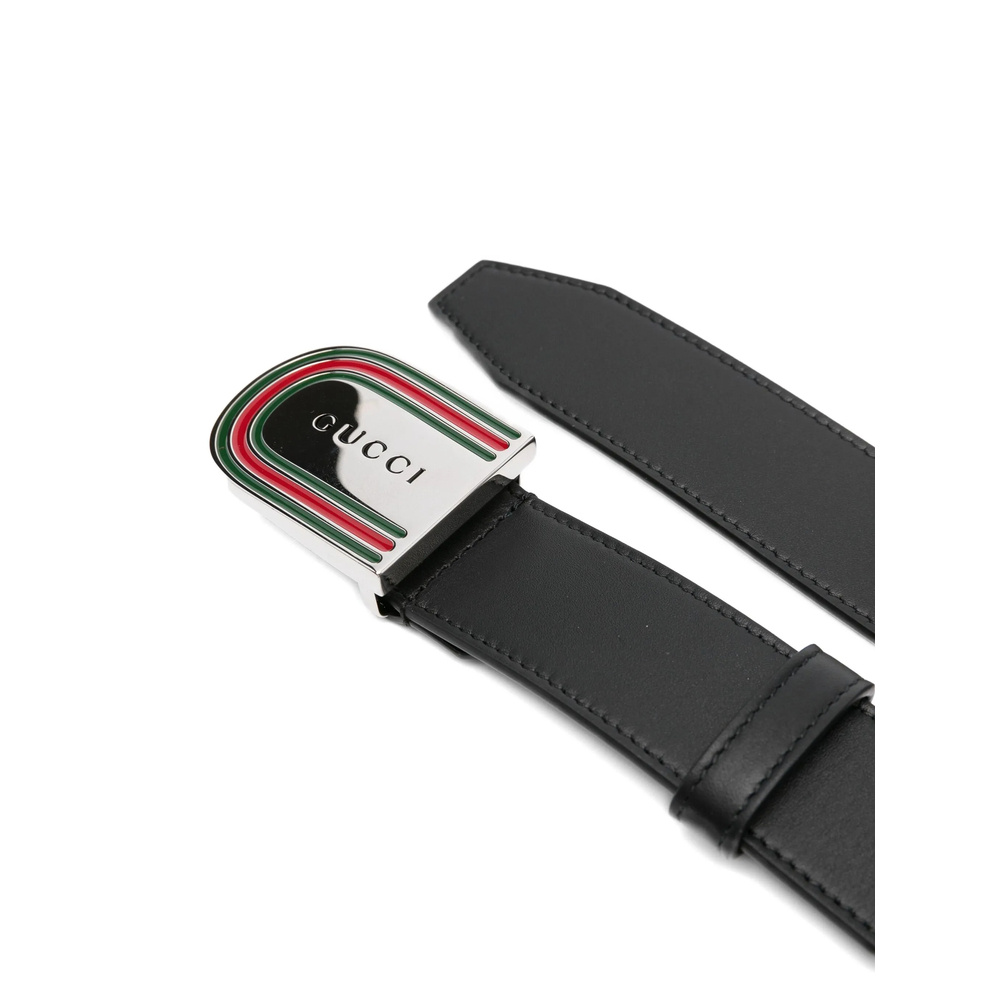 Gucci Belt With Enameled Web Detail Buckle In Black