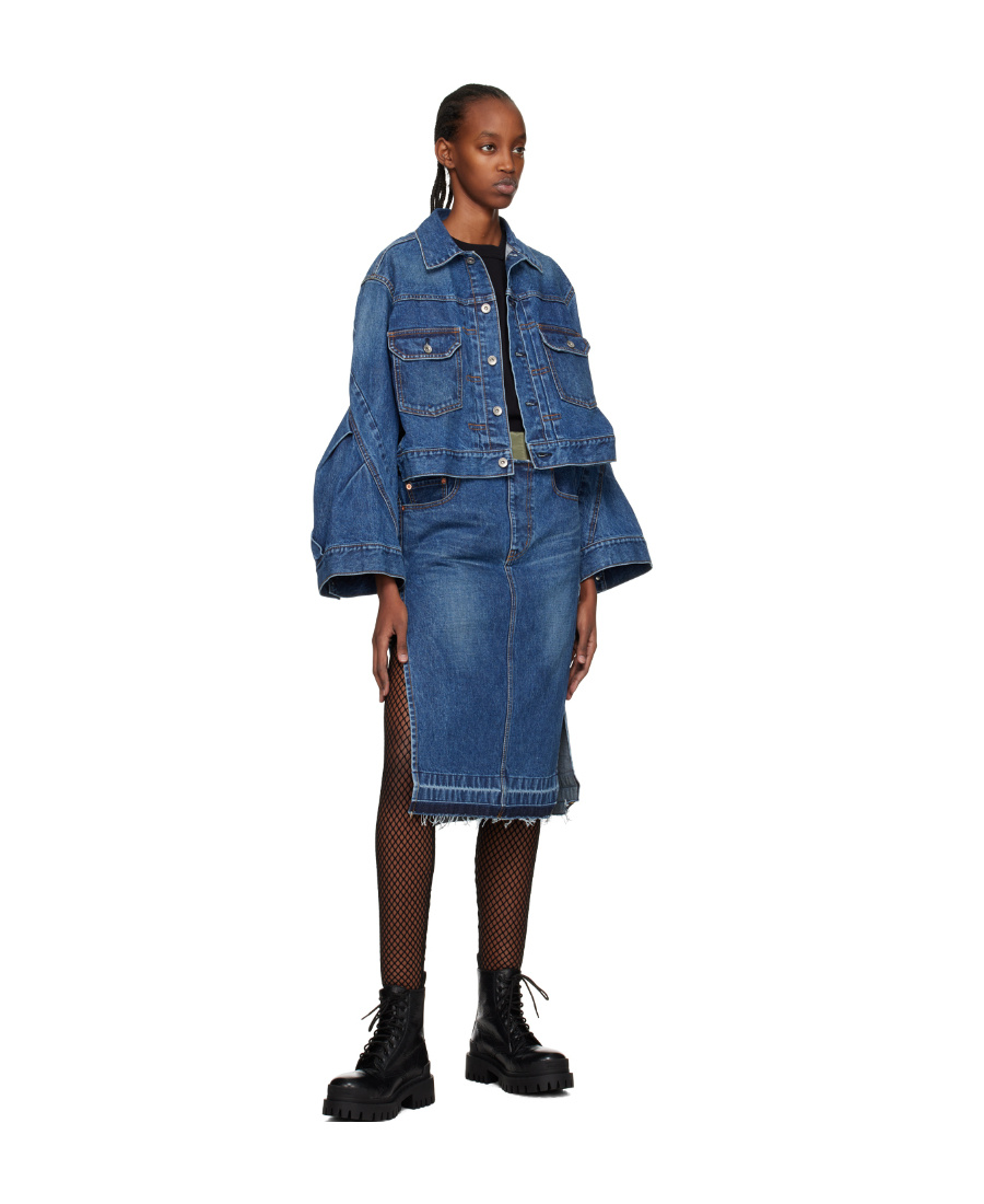 Sacai Blue Layered Denim Midi Skirt In Blue