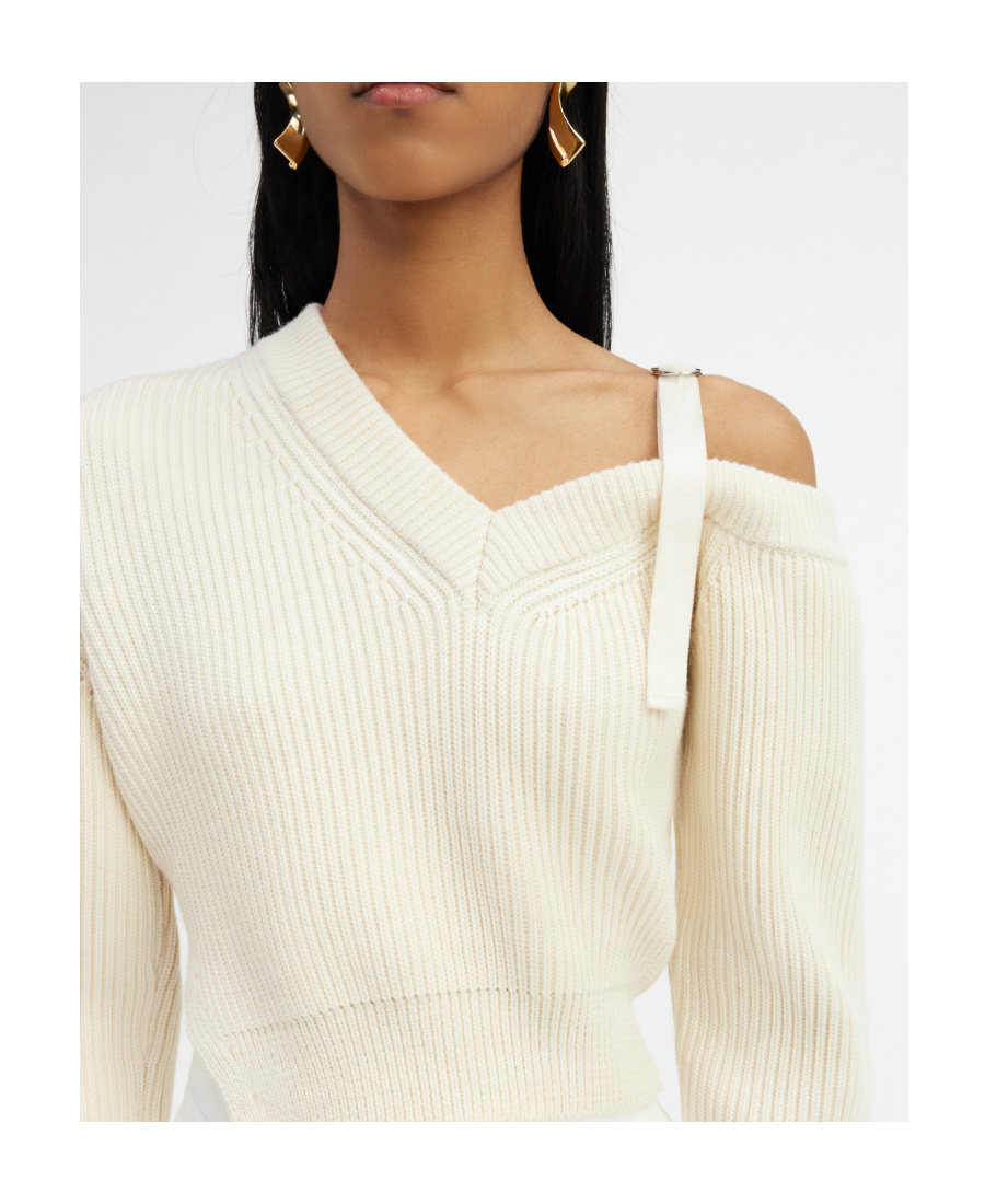 Jacquemus La Maille Seville One-shoulder Sweater In Off White Merino Wool In White