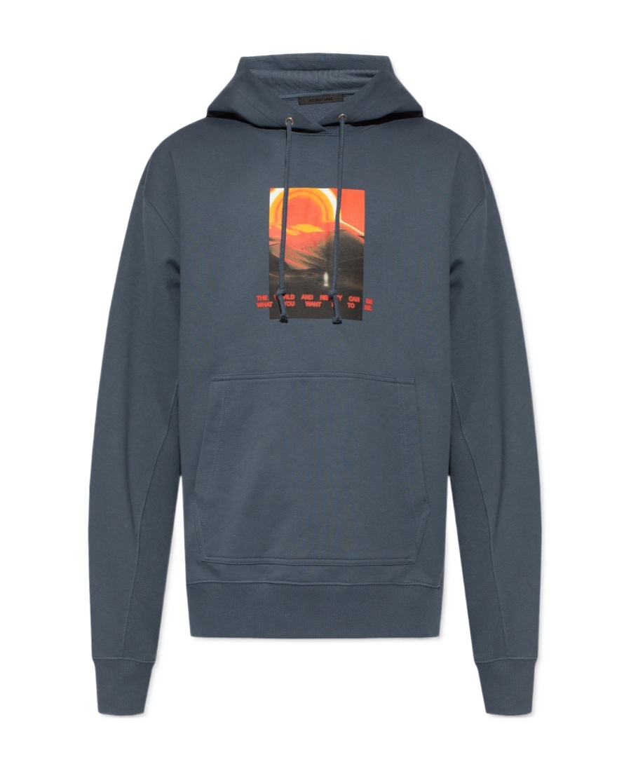 Helmut Lang Graphic-print Cotton Hoodie In Blue