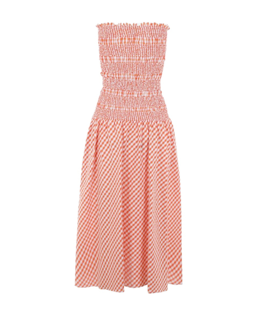 Kenzo Shirred Gingham Cotton Midi Dress In Pink