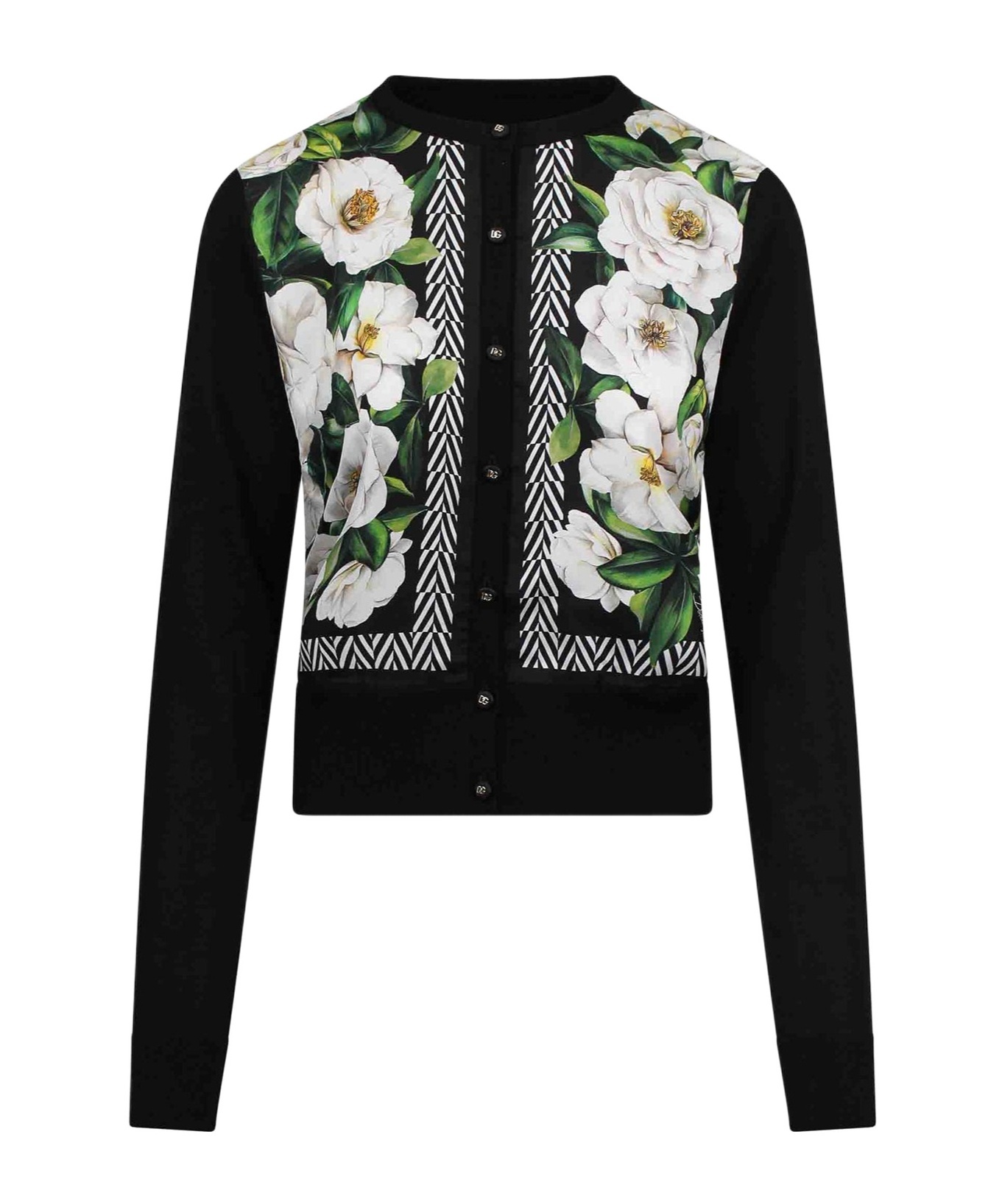 Dolce & Gabbana Floral Print Knit Cardigan With Ribbed Cuffs In Black