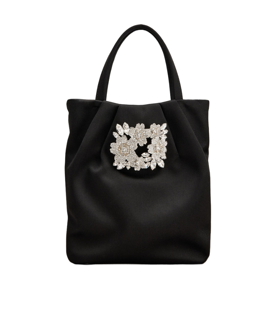 Roger Vivier Drapé Pocket Bouquet Strass Buckle Micro Bag In Satin In Black