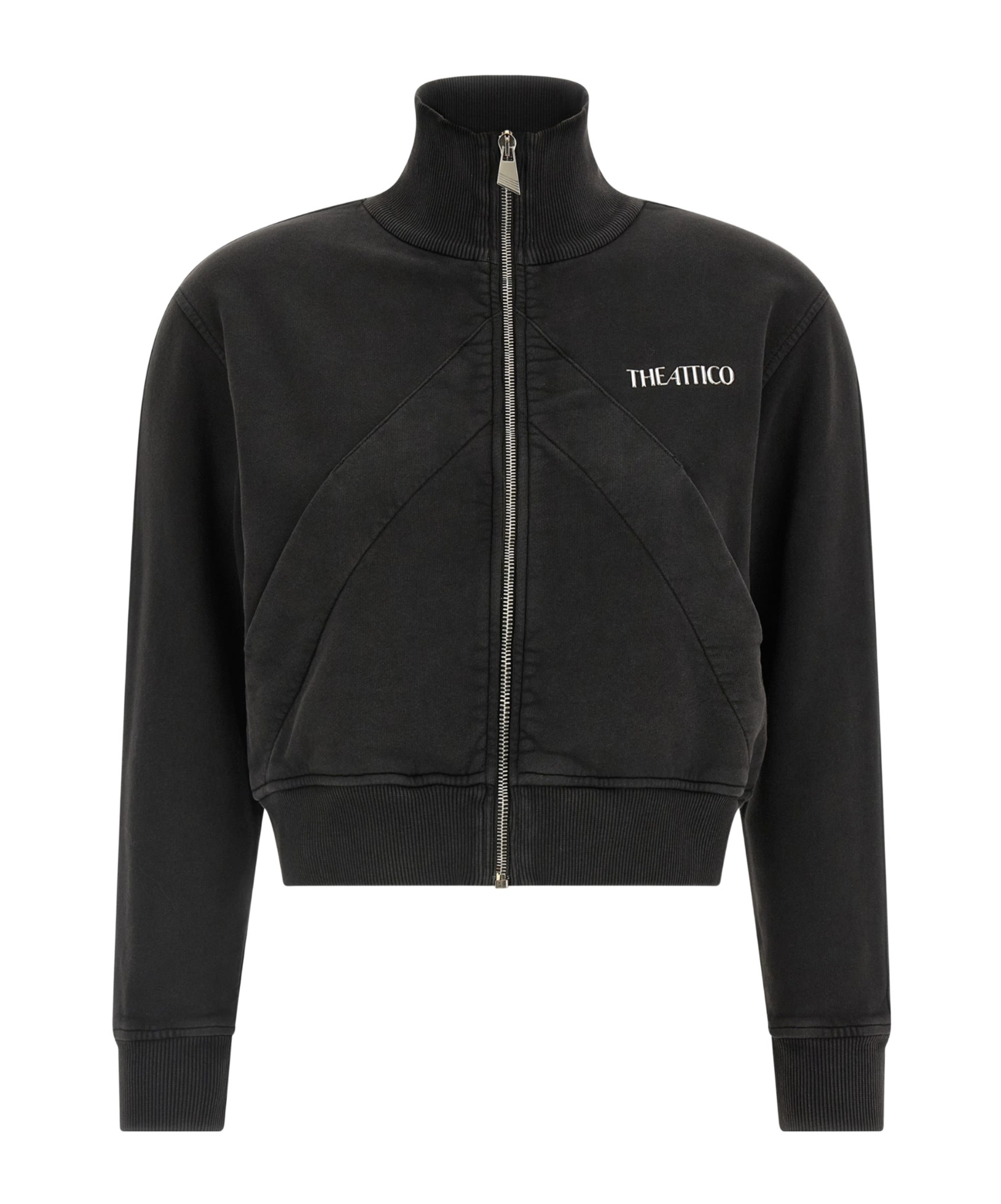 Attico Cropped Zip Fleece Ribbed Finish In Black