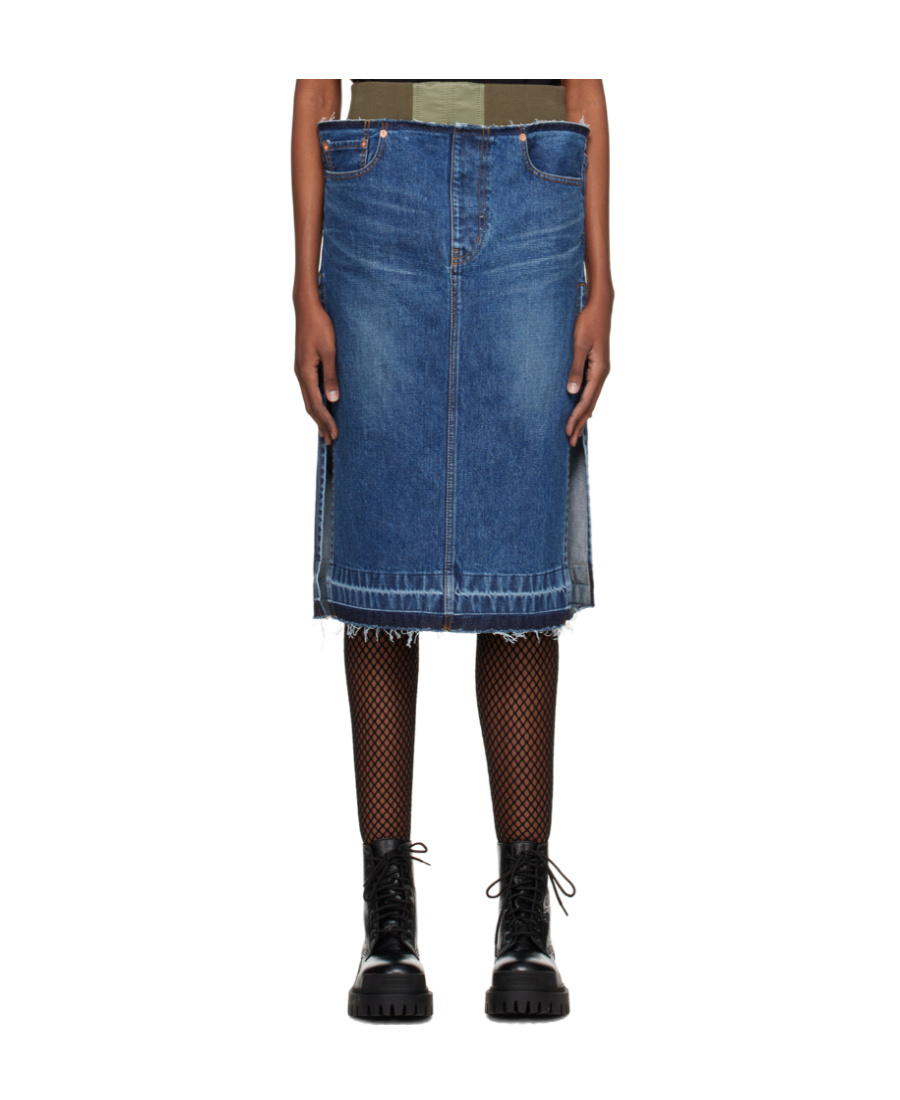 Sacai Blue Layered Denim Midi Skirt In Blue