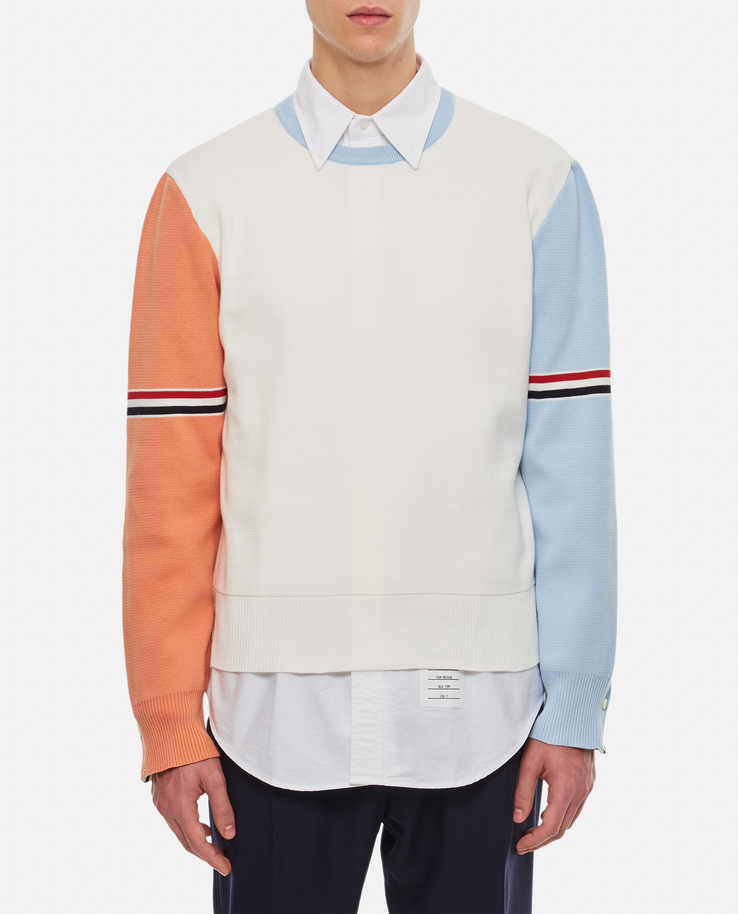 Thom Browne Color-block Crew Neck Sweater With Striped Detail In White