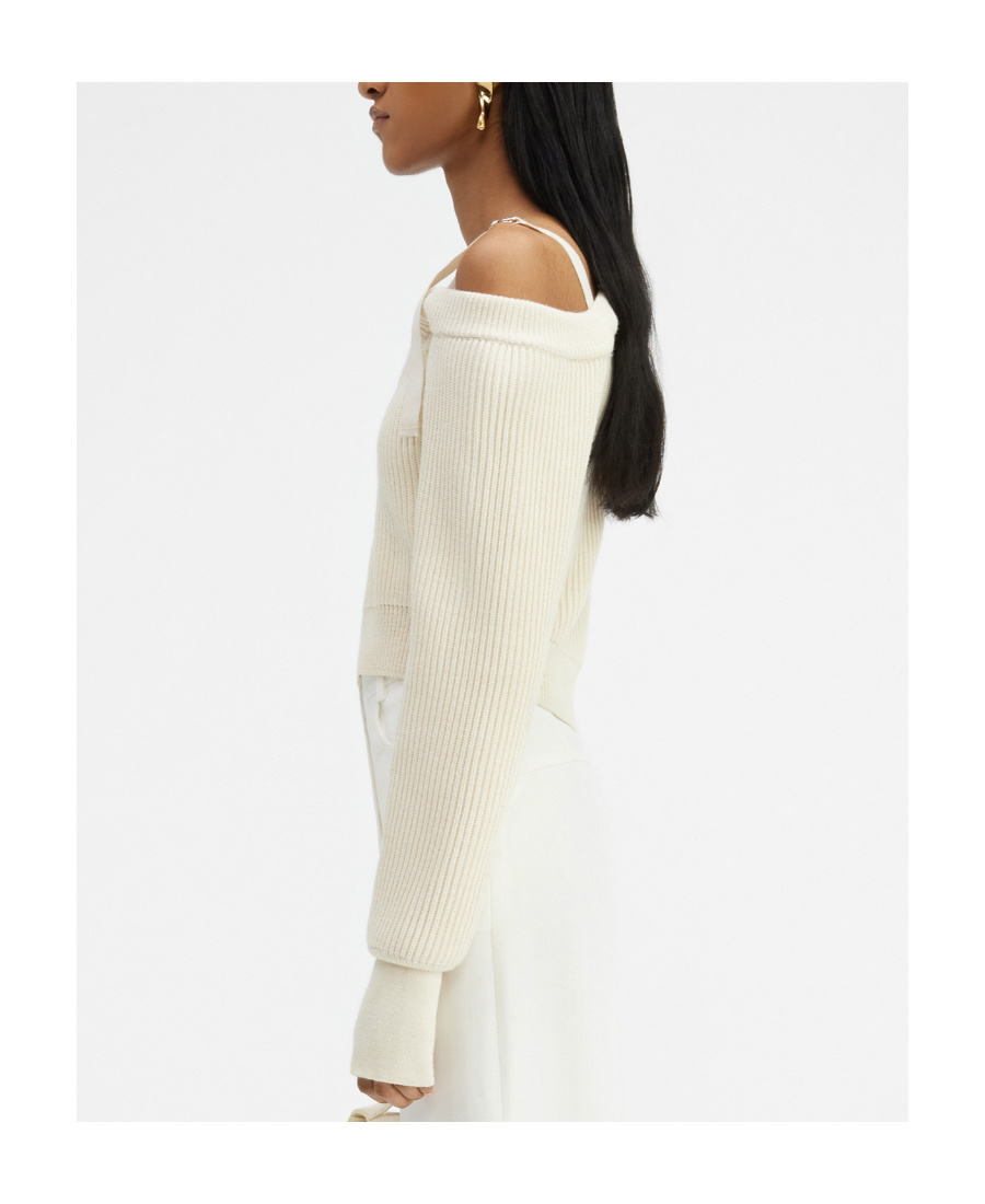 Jacquemus La Maille Seville One-shoulder Sweater In Off White Merino Wool In White