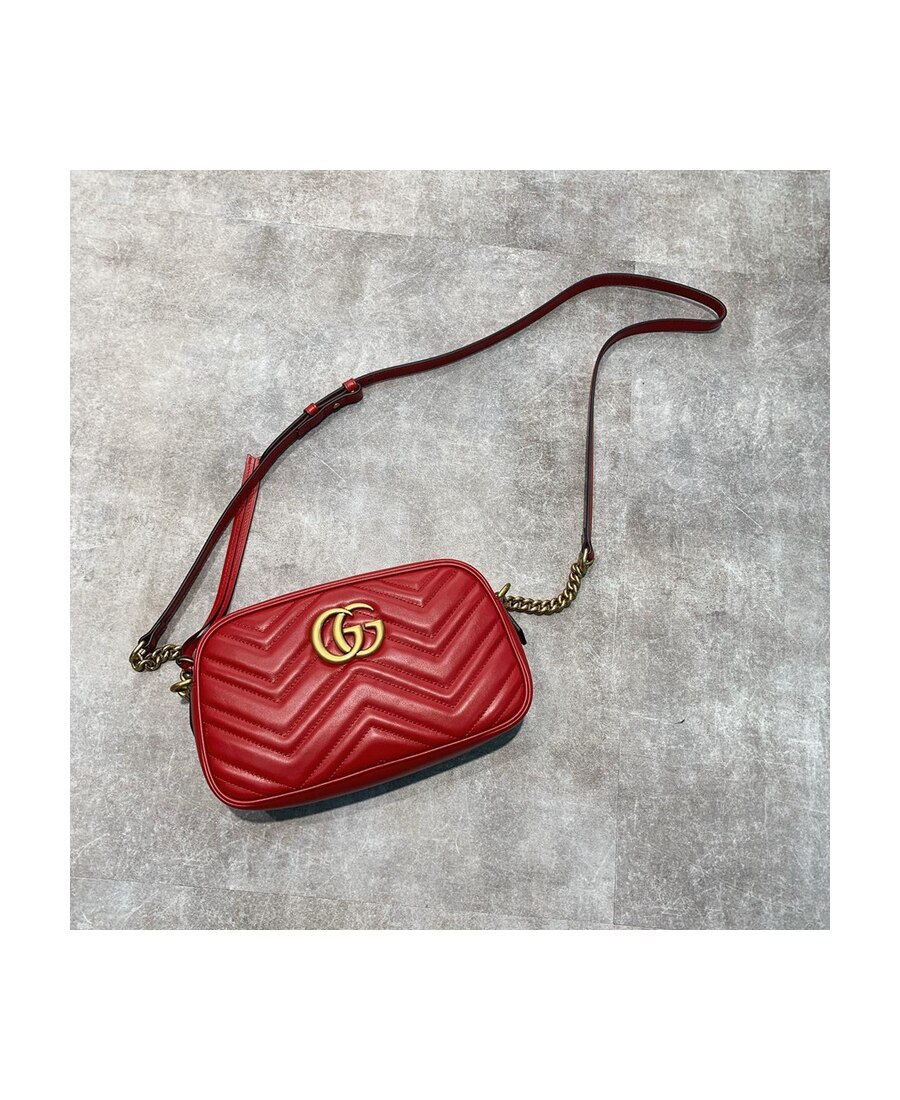 Gucci (wmns)  Gg Marmont Gold Logo Leather Chain Small Red Classic Shoulder Messenger Bag In Red
