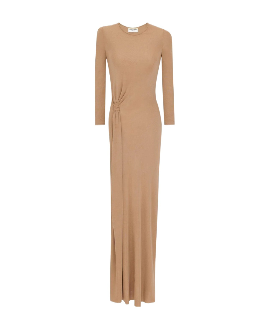 Saint Laurent Twist Front Long Sleeve Jersey Gown In Naturel