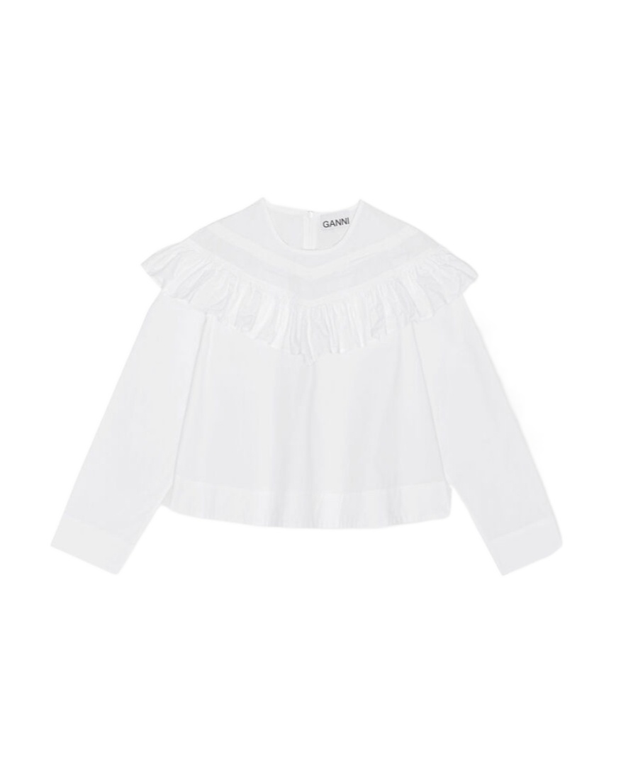 Ganni Ruffle-detail Organic Cotton Blouse In White