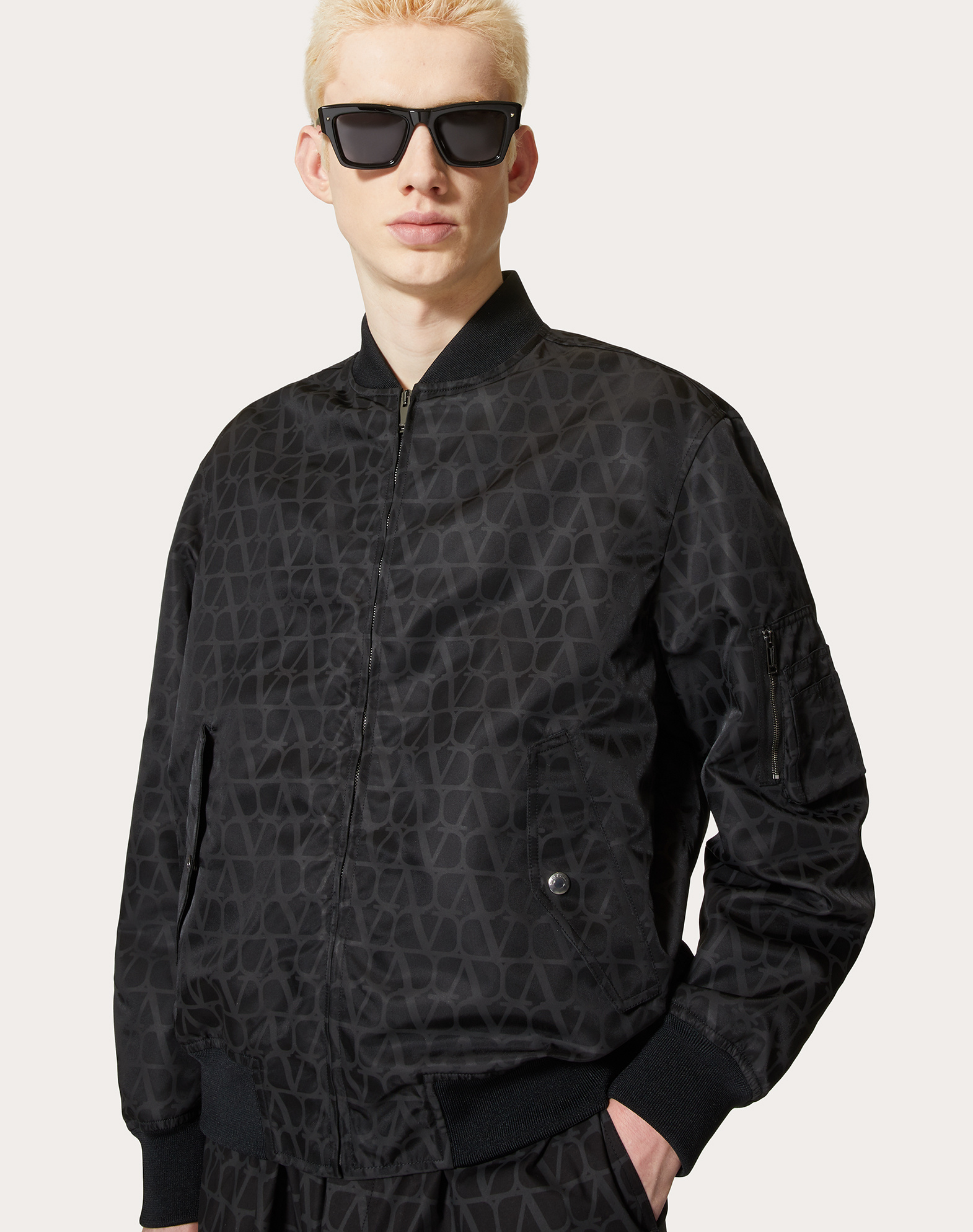Valentino Geometric Pattern Lightweight Bomber Jacket In Black