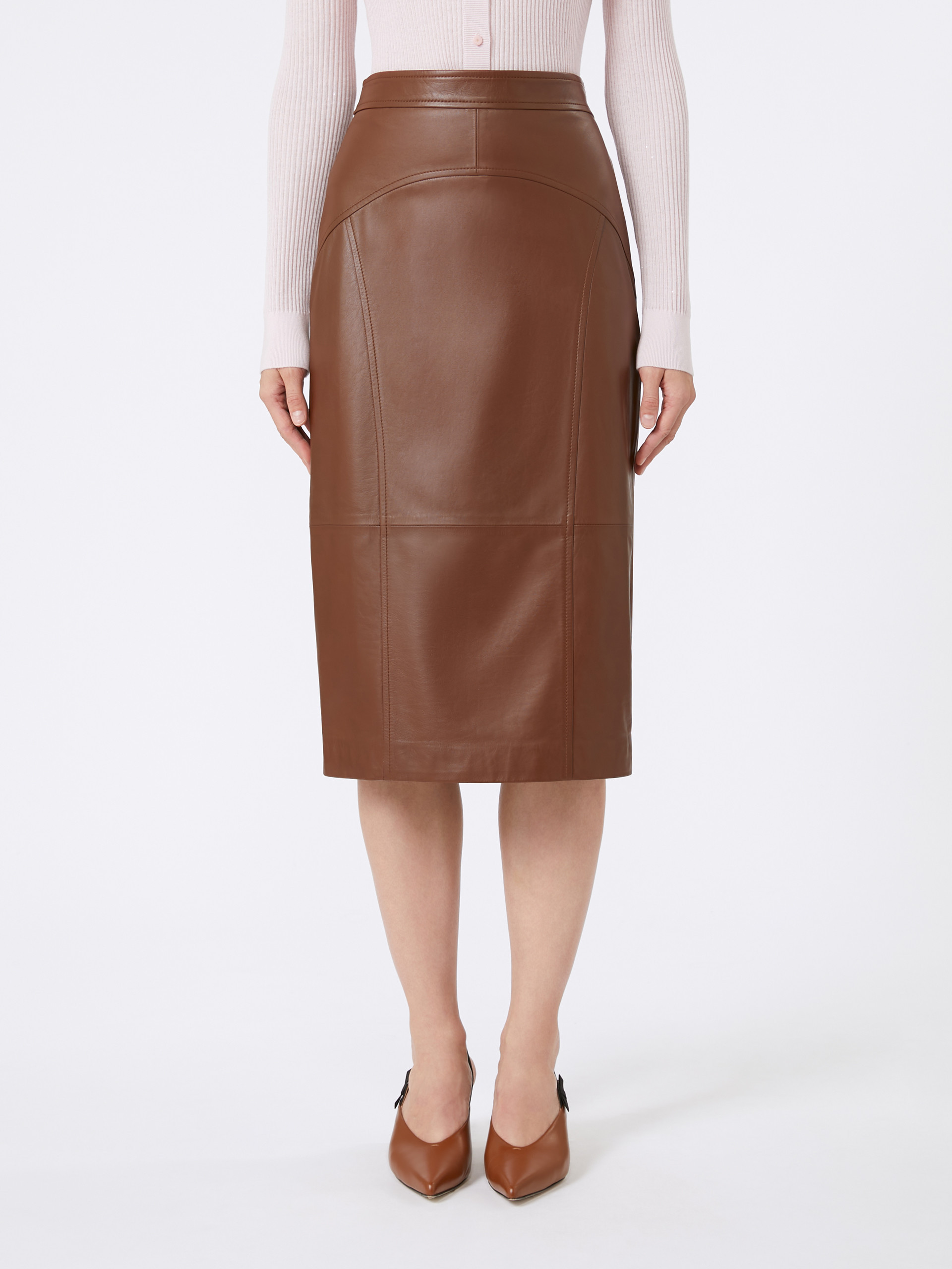 Max Mara Panelled Leather Midi Skirt In Brown