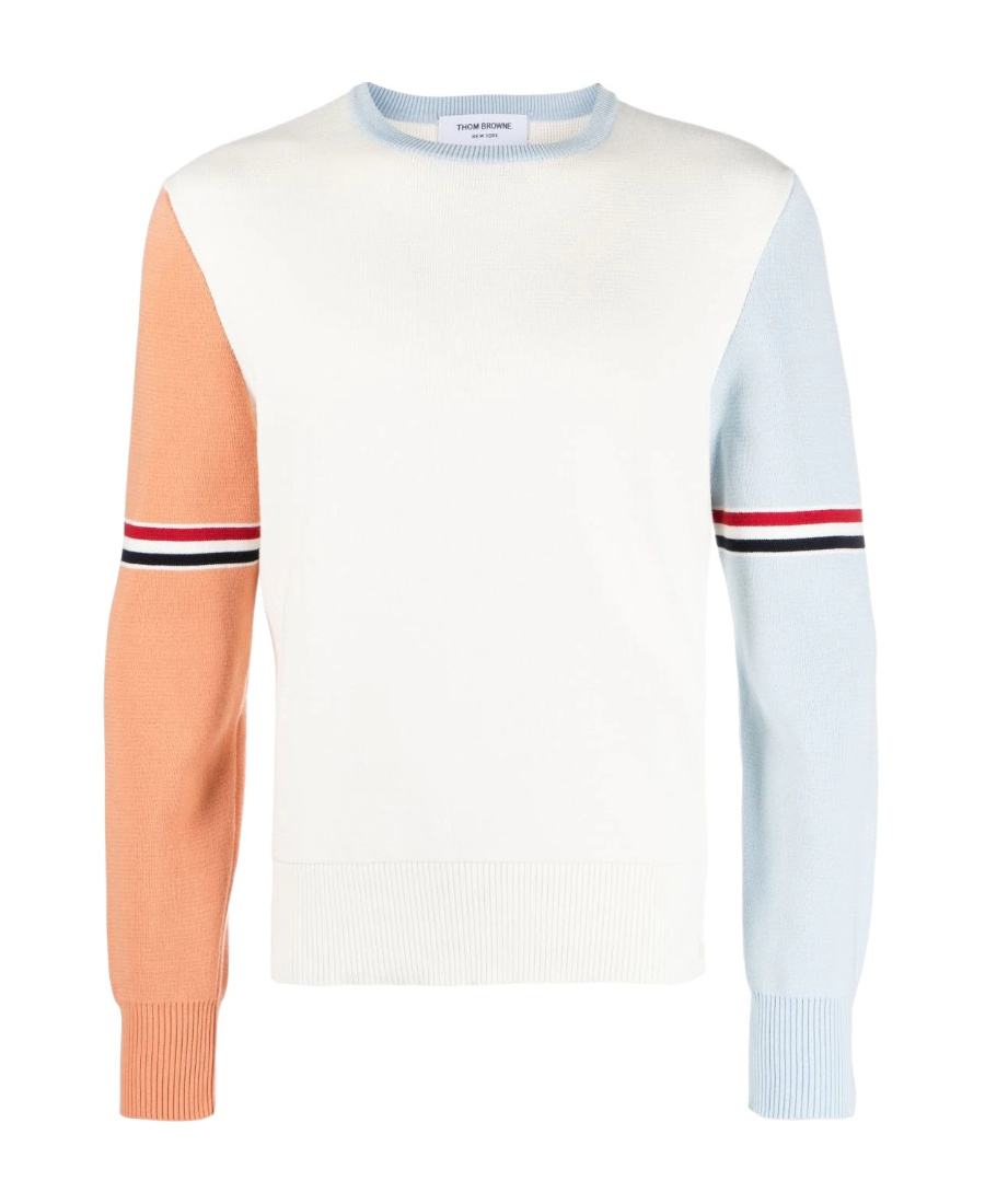 Thom Browne Color-block Crew Neck Sweater With Striped Detail In White
