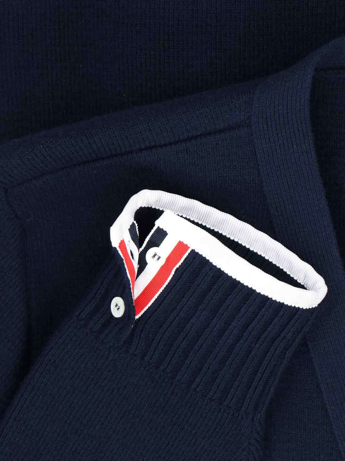 Thom Browne Blue Cardigan With V Neck And Maxi Logo On The Sleeve