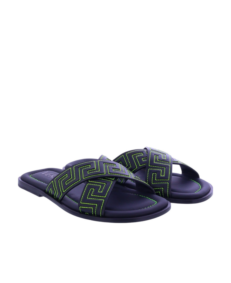 Versace Greca Leather Slides In Black