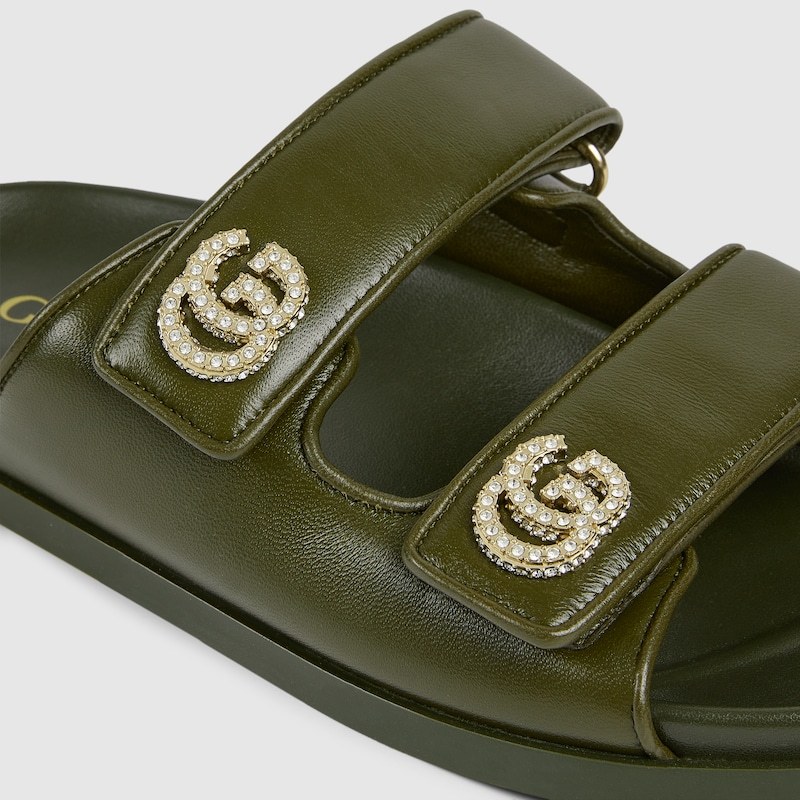 Gucci Crystal Double Strap Flat Sandals In Green