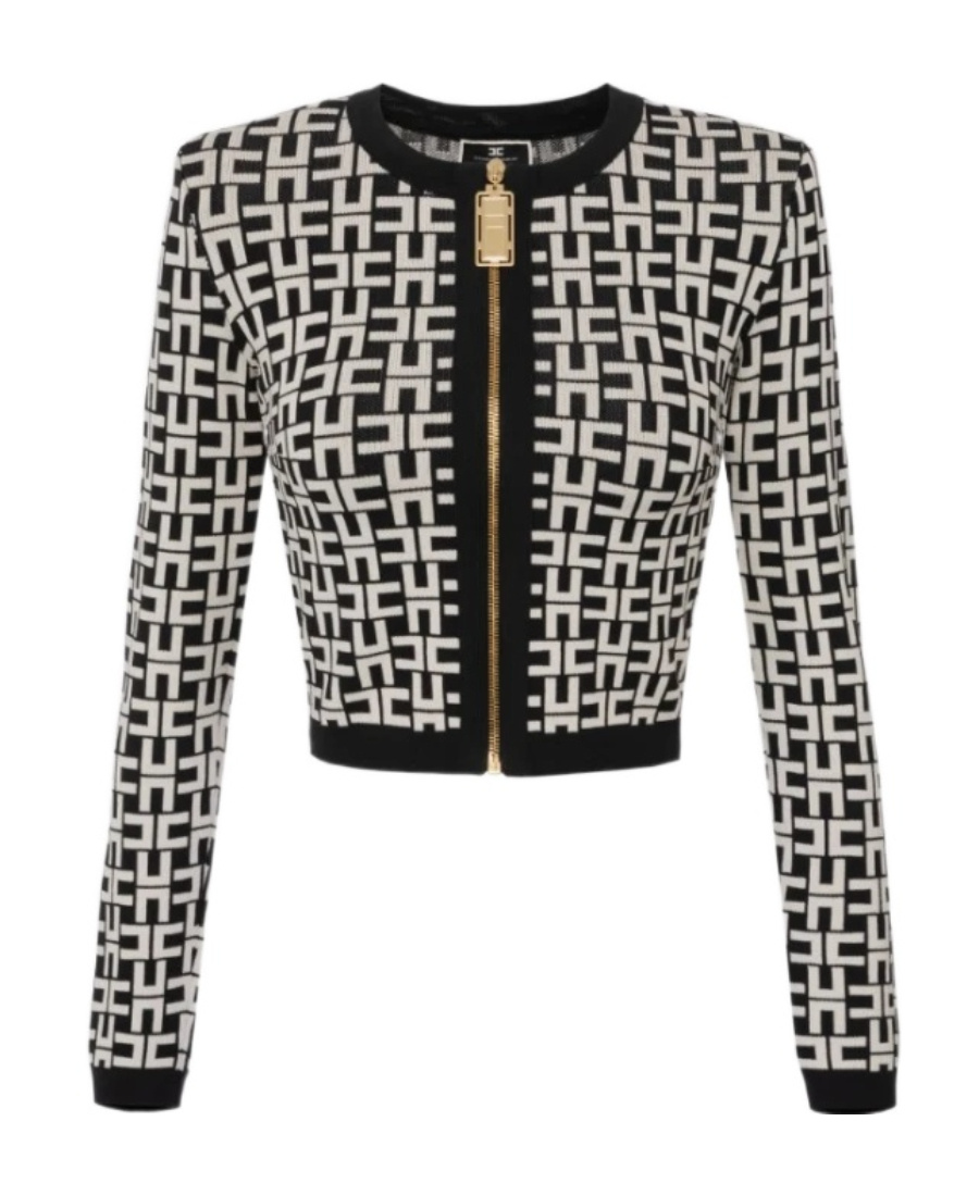 Shop Elisabetta Franchi Monogram-jacquard Zipped Cardigan In Black