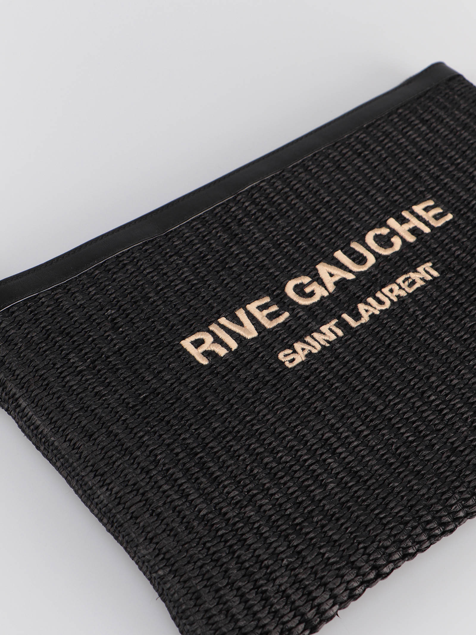 Saint Laurent Rive Gauche Raffia Clutch Bag In Black
