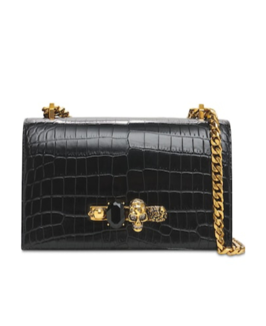 Alexander Mcqueen Crocodile Chain Shoulder Bag With Decorative Embellishments In Black